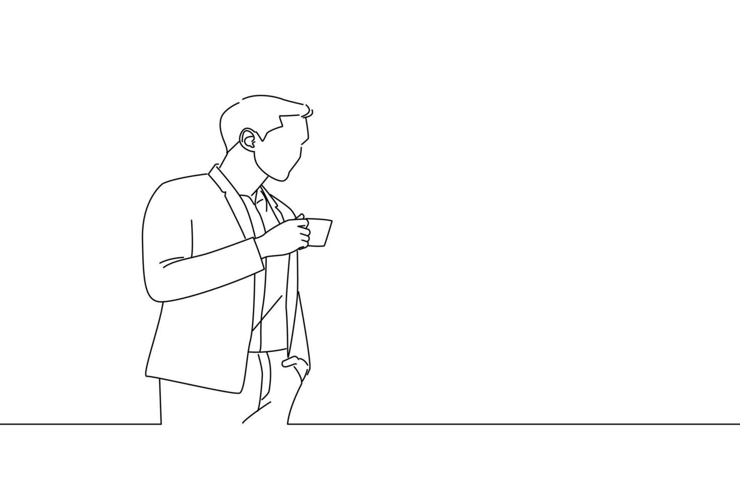 Cartoon of asian businessman working holding a coffee cup wear a business suit looking at the window In the office. Oneline art drawing style vector