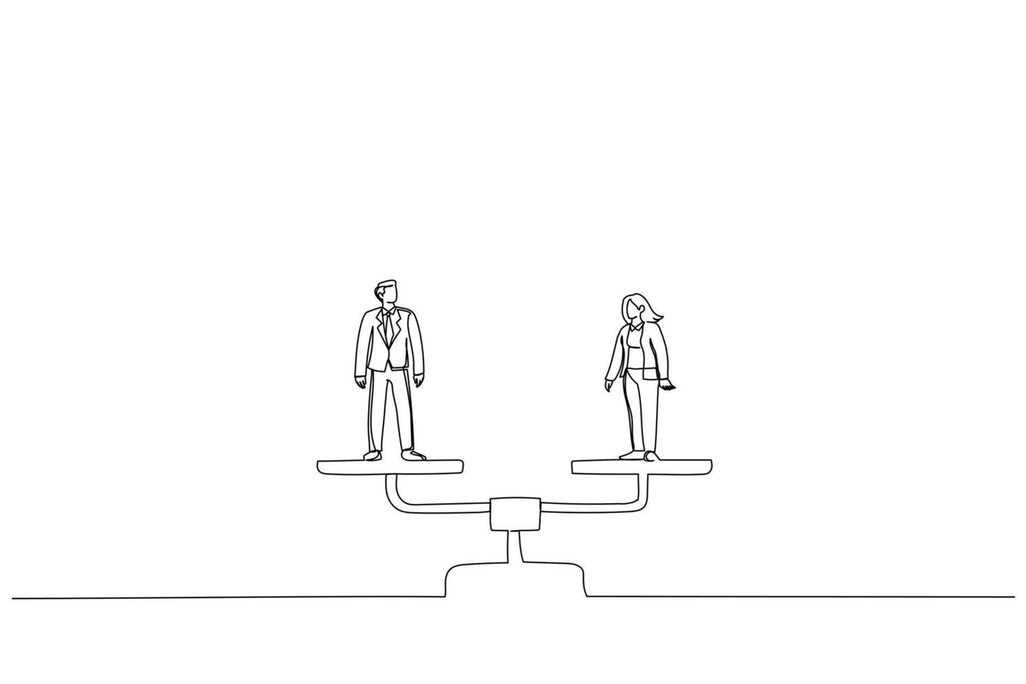 Drawing of business man and woman standing on balance scales. Gender equality metaphor. Single line art style vector