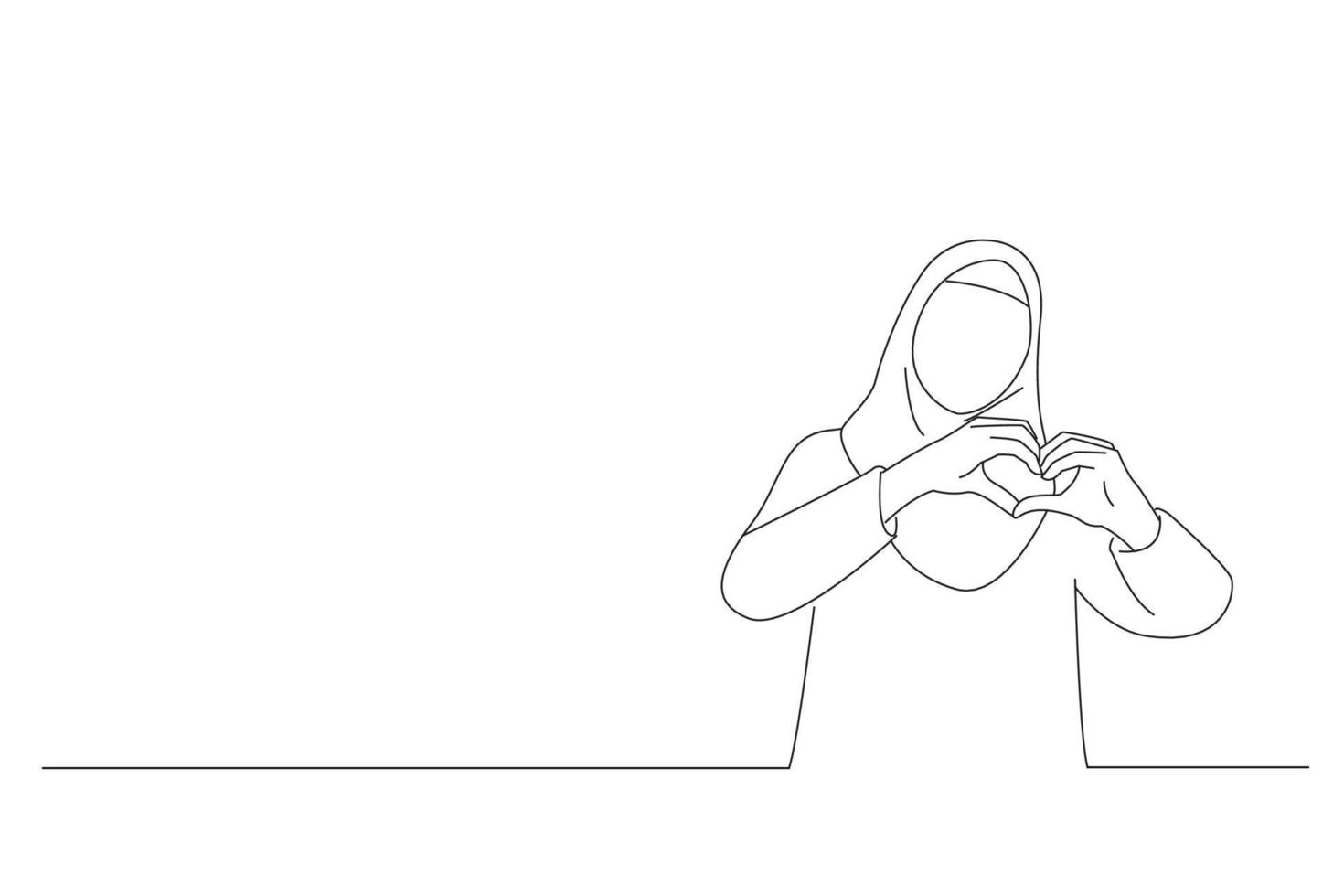 Drawing of young hijab muslim woman showing heart symbol and shape with hands. One line art vector