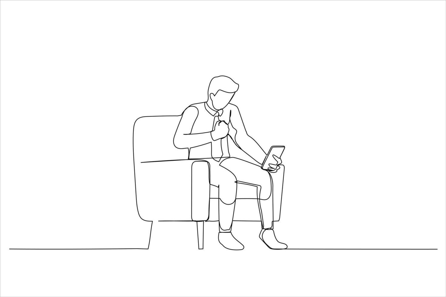 Drawing of young man wearing a suit using his phone feeling excited and rejoices while looking at the phone. Single line art style vector