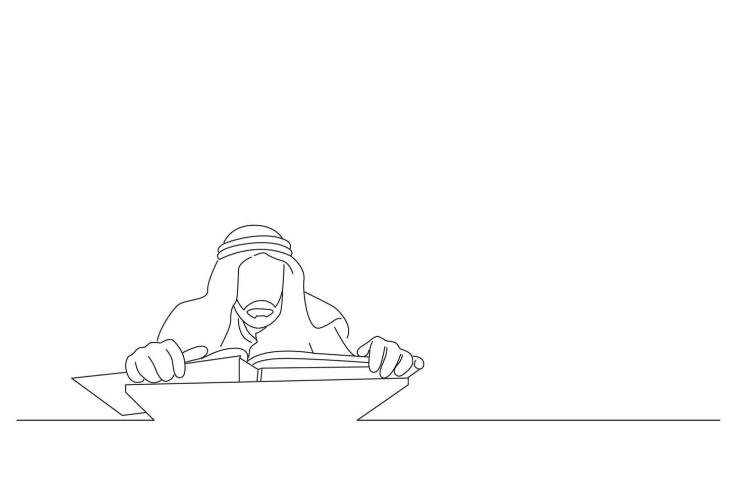 Drawing of old muslim man is reading from Holy Quran in mosque. Line art style vector