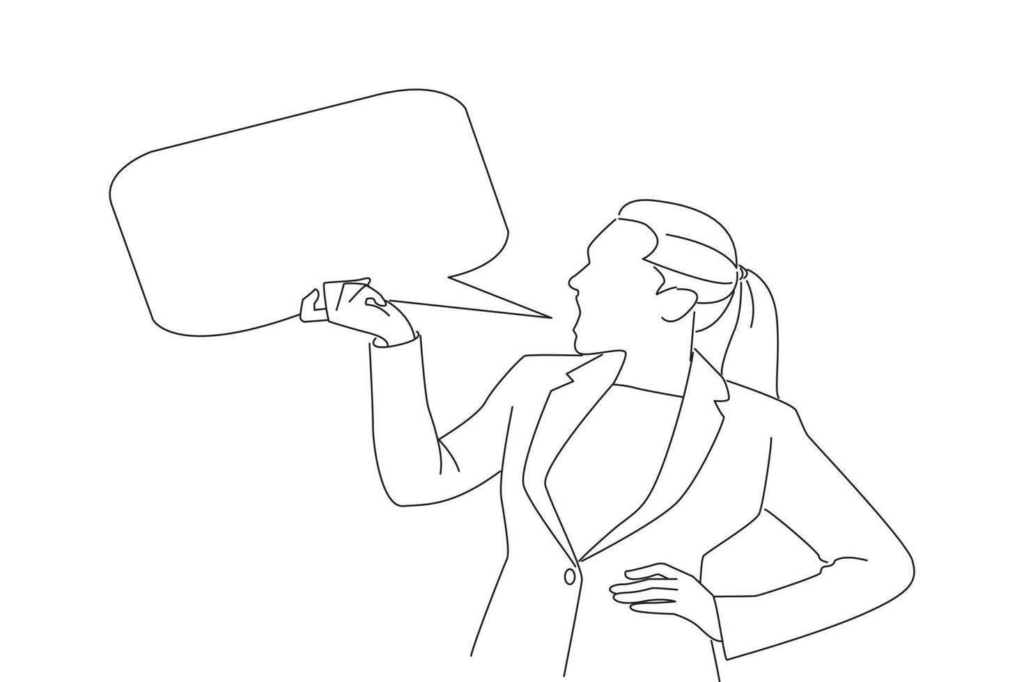 Cartoon of cute muslim woman screaming in blank speech bubble isolated on white background. Oneline art drawing style vector