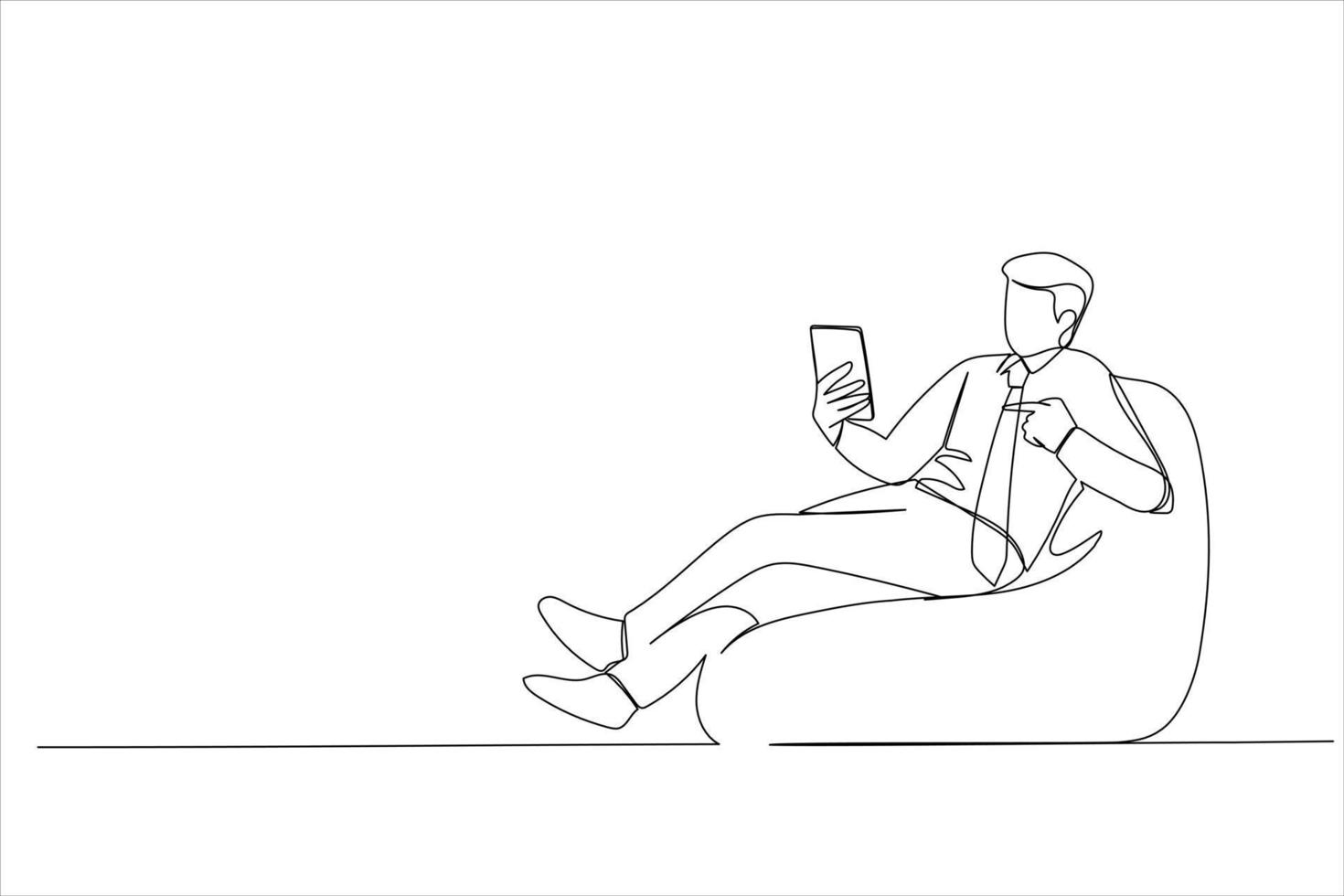 Illustration of young man sit in bag chair hold use pointing index finger on mobile cell phone. One line art style vector