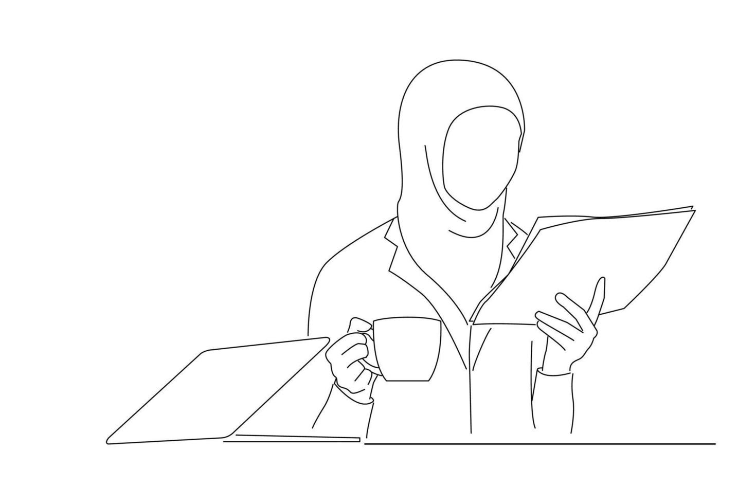 Drawing of woman with cup of coffee reading newspaper at table with laptop in cafe. Oneline art drawing style vector