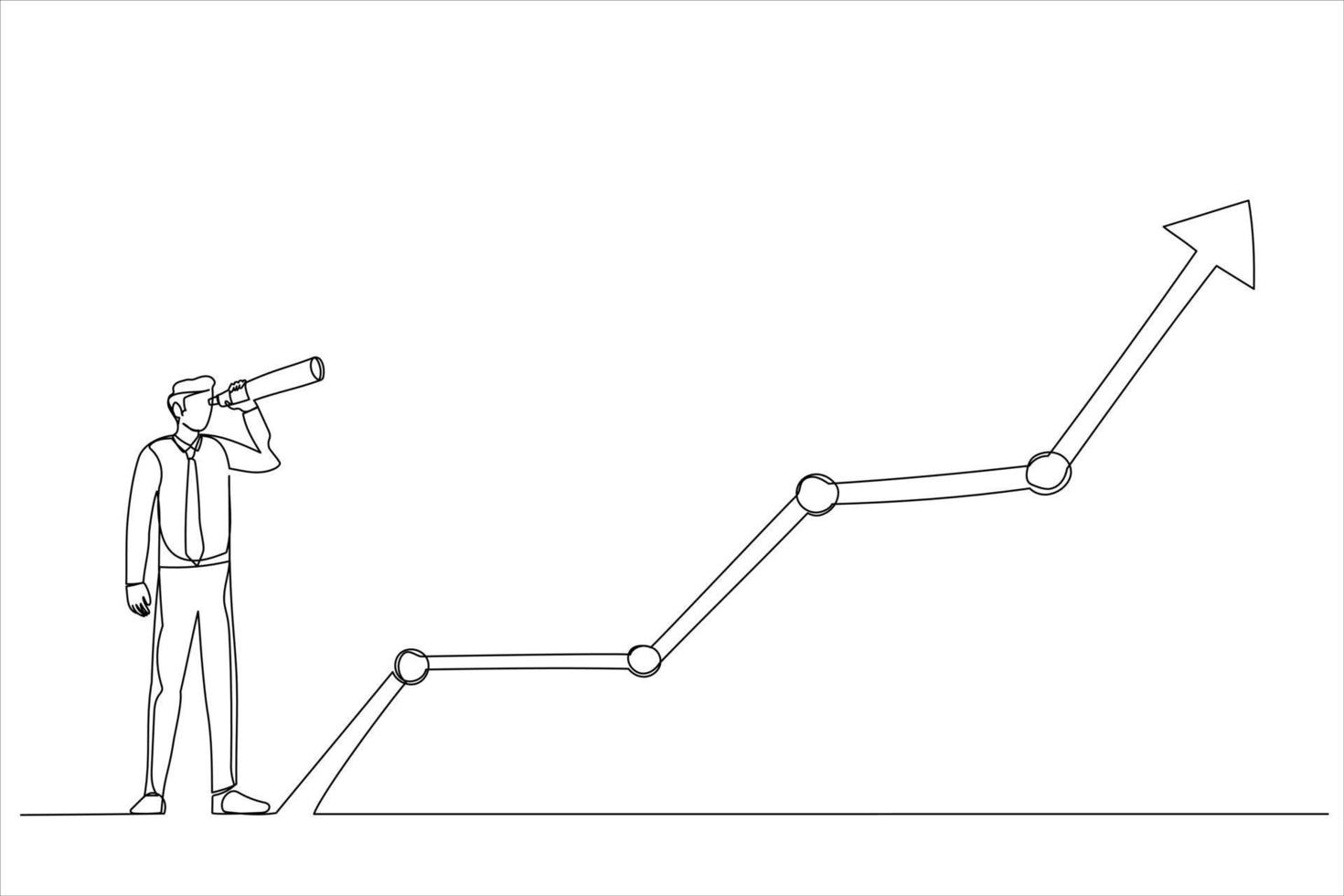 Illustration of businessman look through telescope to see investment growing graph. Economy prediction or forecast. One line art style vector