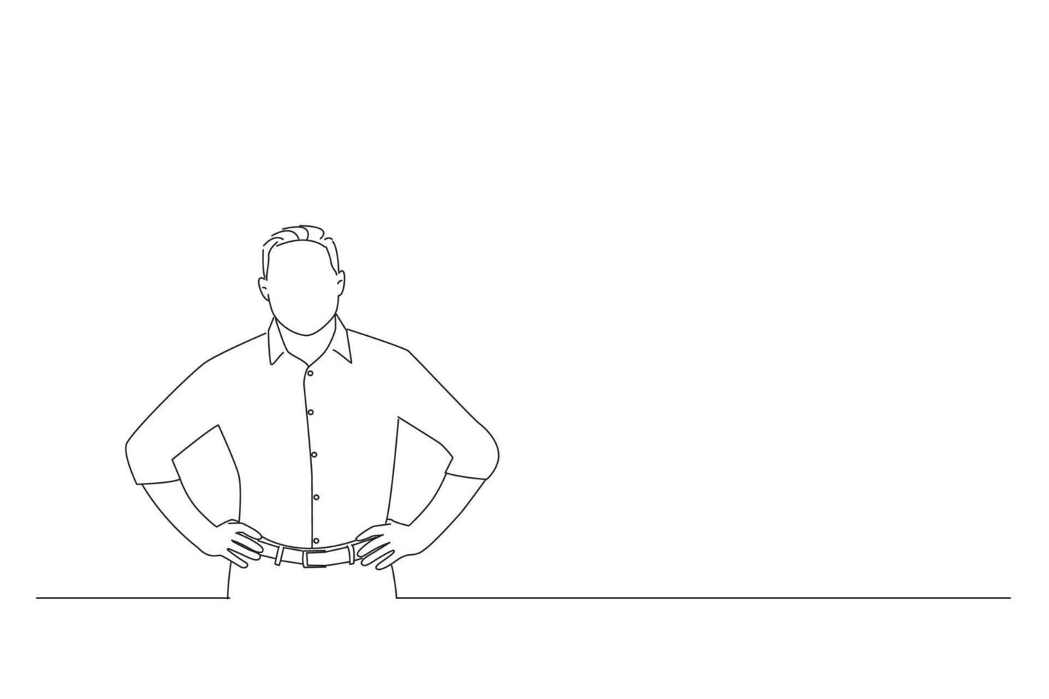 Cartoon of handsome businessman looking satisfied, smiling and holding hands on waist. One line art vector