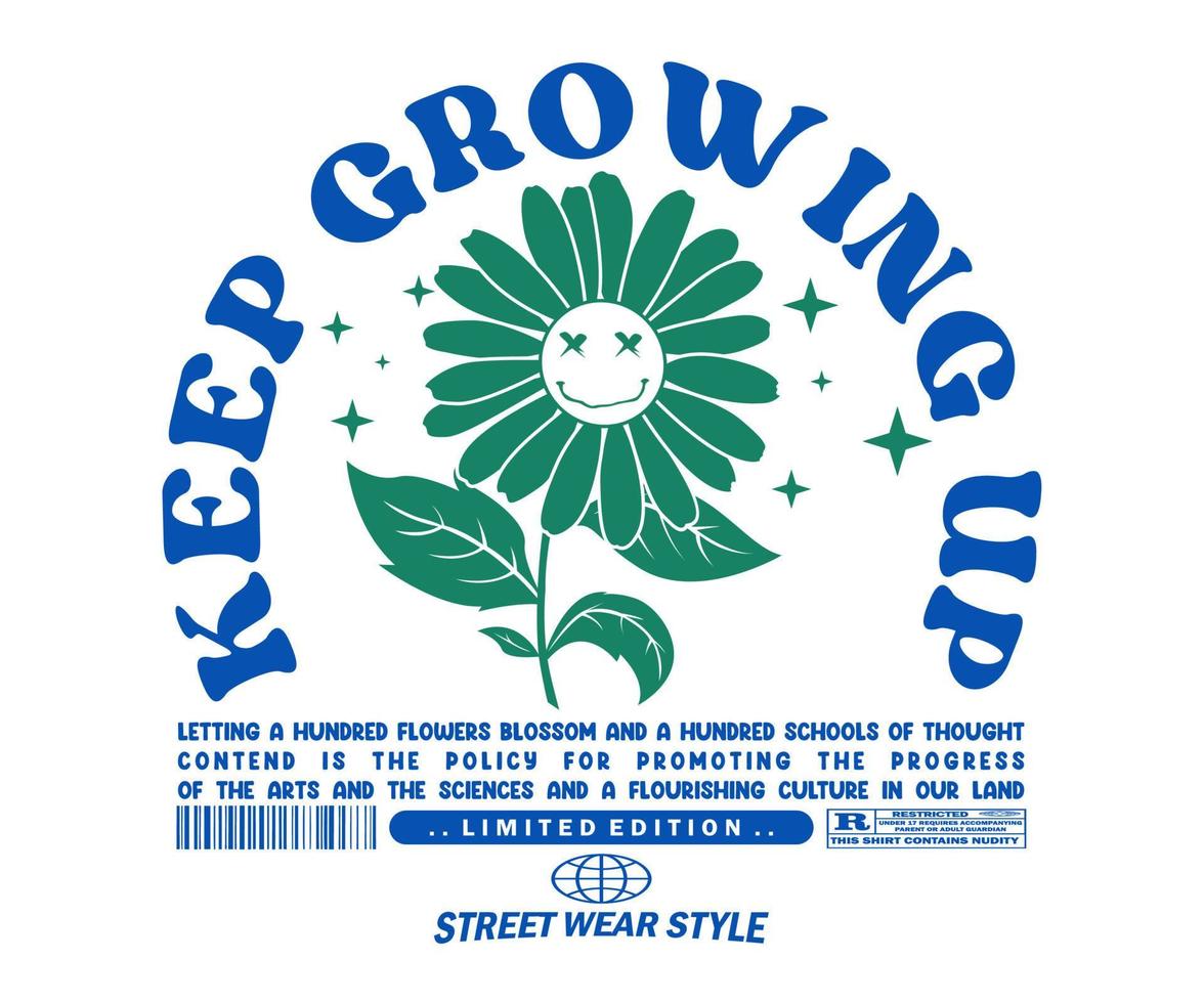 vintage and retro graphic design for creative clothing, with text keep growing up for streetwear and urban style t-shirts design, hoodies, etc. vector
