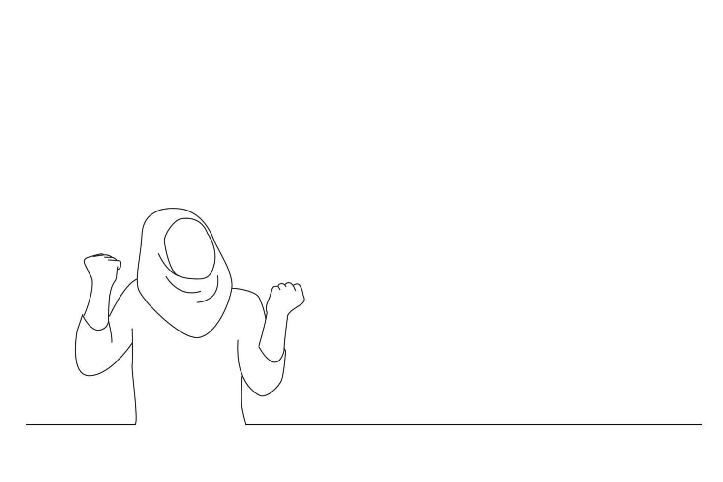 Drawing of happy muslim woman make winning gesture. One line art vector