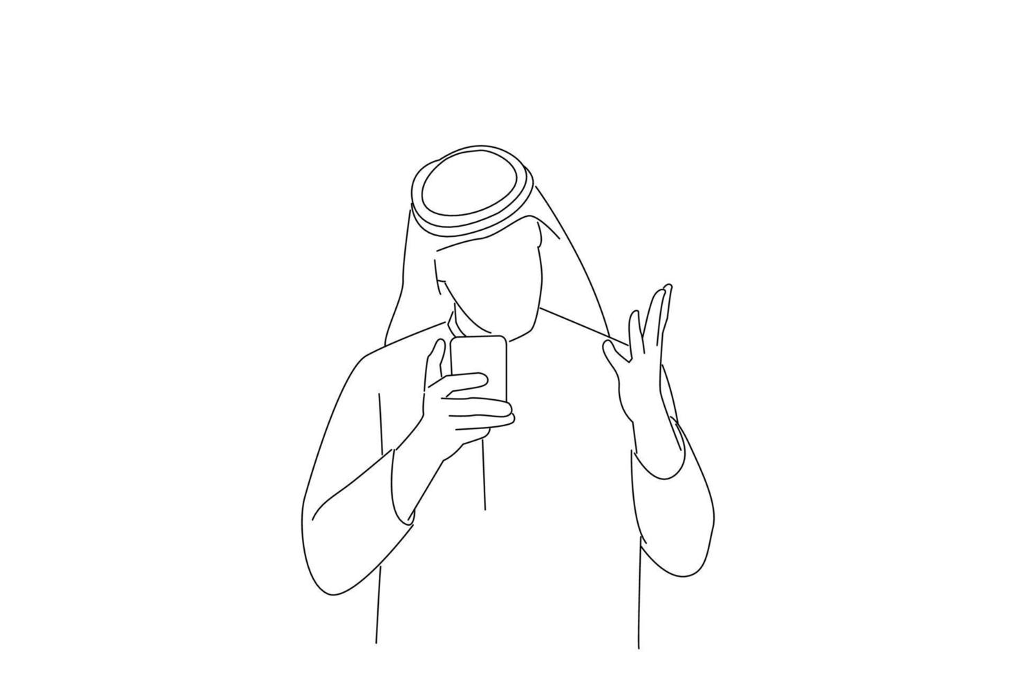 Drawing of arabian businessman expressing anger on the phone. Line art style vector