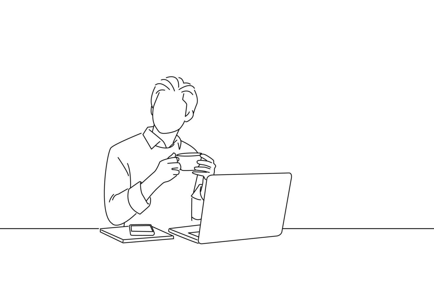 ilustración de un apuesto hombre de negocios que trabaja en una laptop y sonríe mientras disfruta de un café en la cafetería. arte de estilo de dibujo de esquema vector