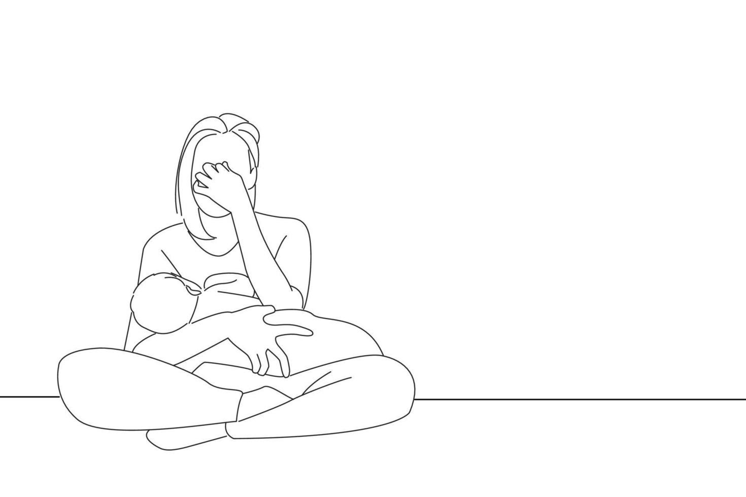 Cartoon of tired mother suffering from experiencing postnatal depression single mom motherhood stress. Outline drawing style art vector