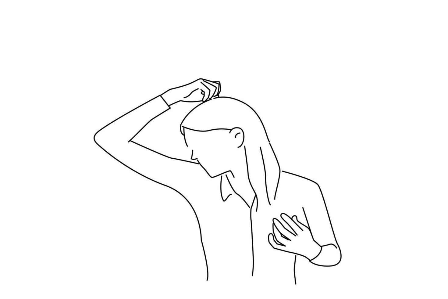 Cartoon of young woman who sniffs armpits and her face is negative. Outline drawing style art vector