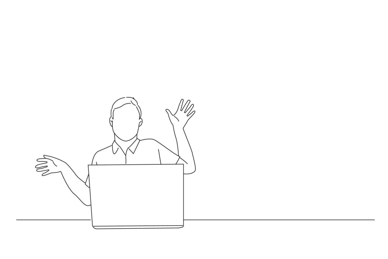 Cartoon of shocked man surprised bounce to wall after looking at laptop. Line art style vector