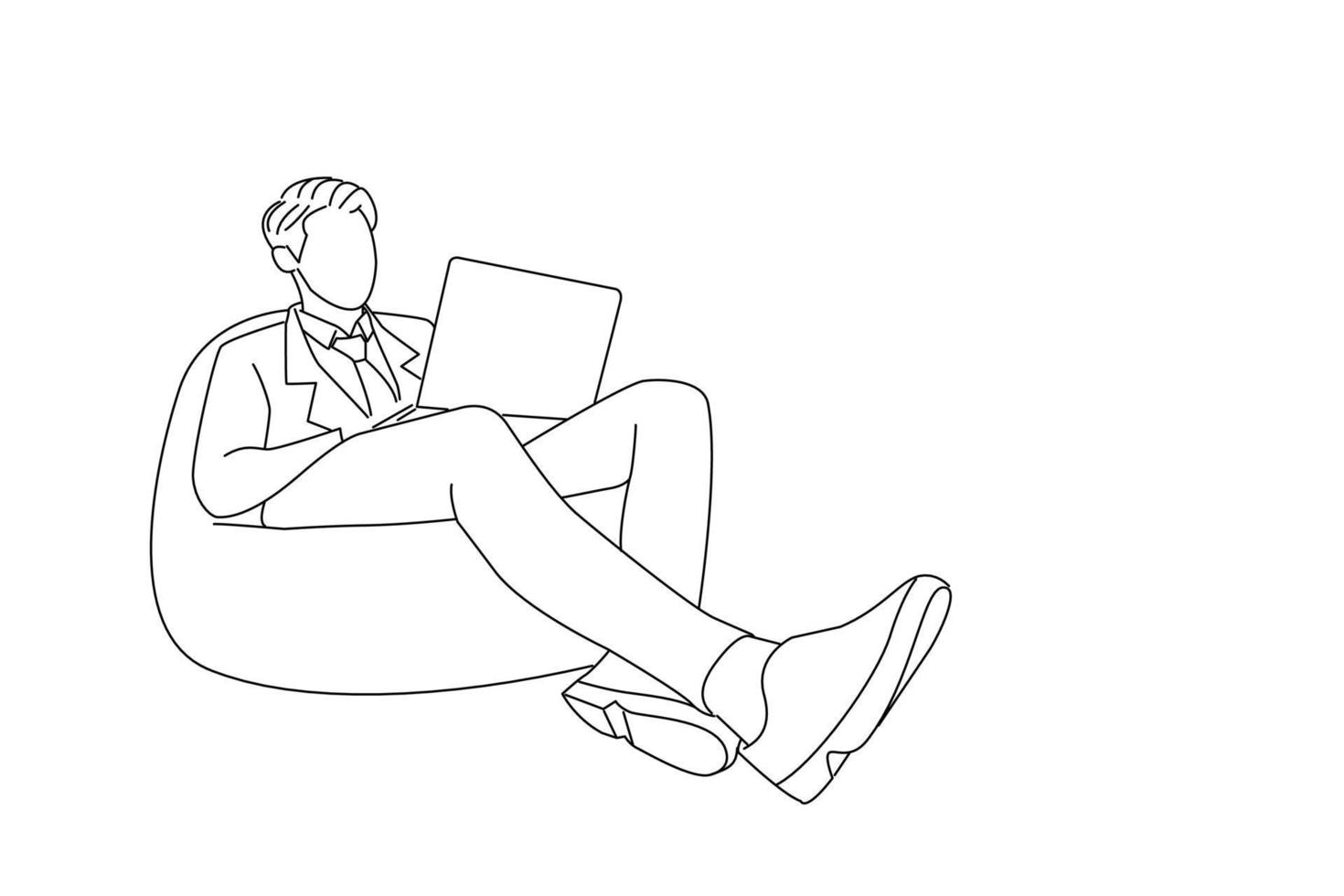 Drawing of young businessman sitting in pouf and using laptop. Line art style vector