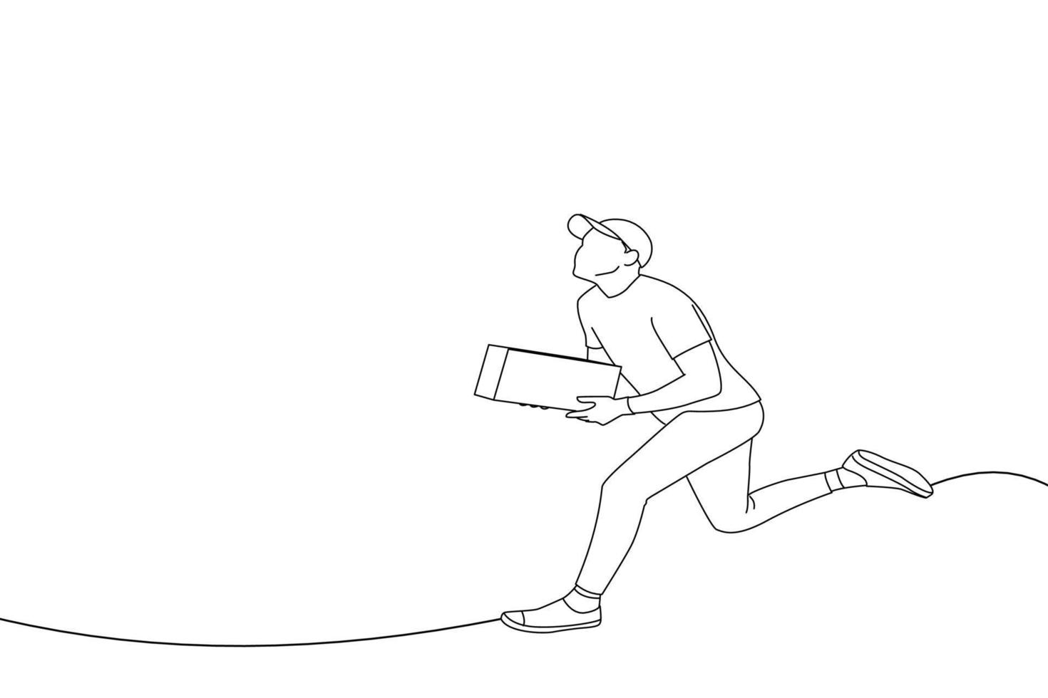 Illustration of jumping delivery man carry package and send it overnight. Line art style vector