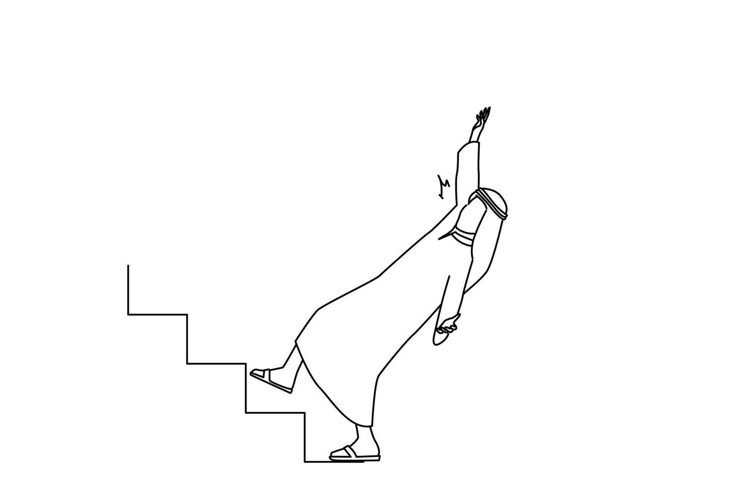 Cartoon of stressed saudi businessman manager falling down from ladder stairs feeling panic. Business crisis and failure metaphor. Outline drawing style art vector