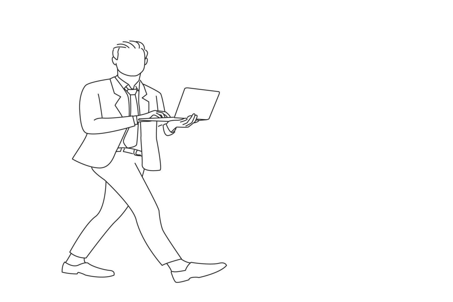 Drawing of young business man happy smile go walk type report chat laptop isolated over white background. Outline drawing style art vector
