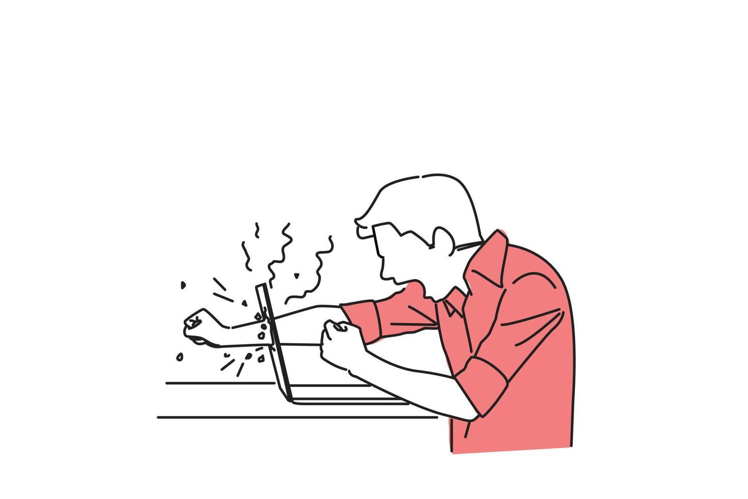 Drawing of angry businessman throws a punch into computer, screaming. Negative human emotions concept. Single line art style vector