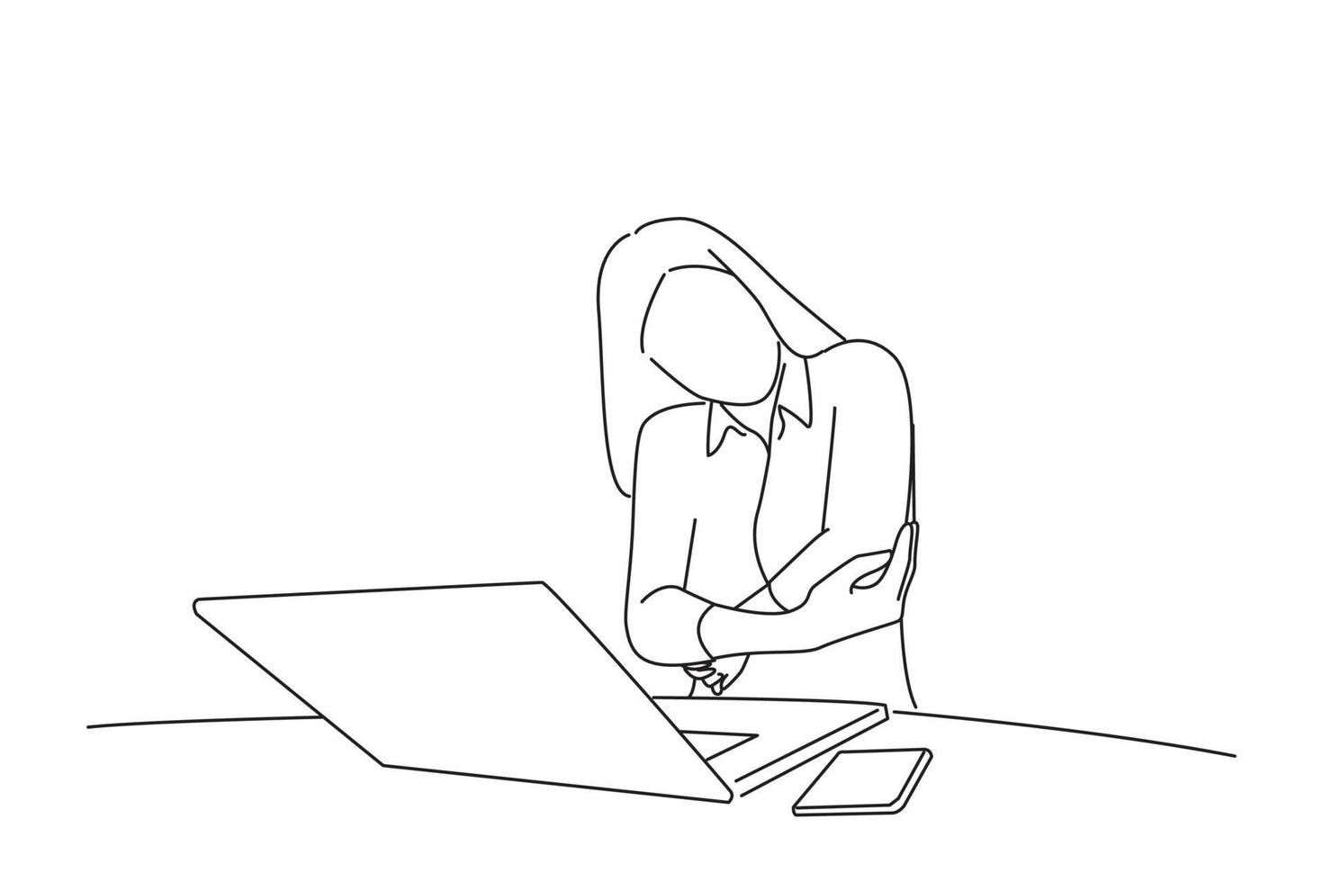 Illustration of stressed woman sitting at home office desk in front of laptop, touching aching elbow with pained expression. line art style vector