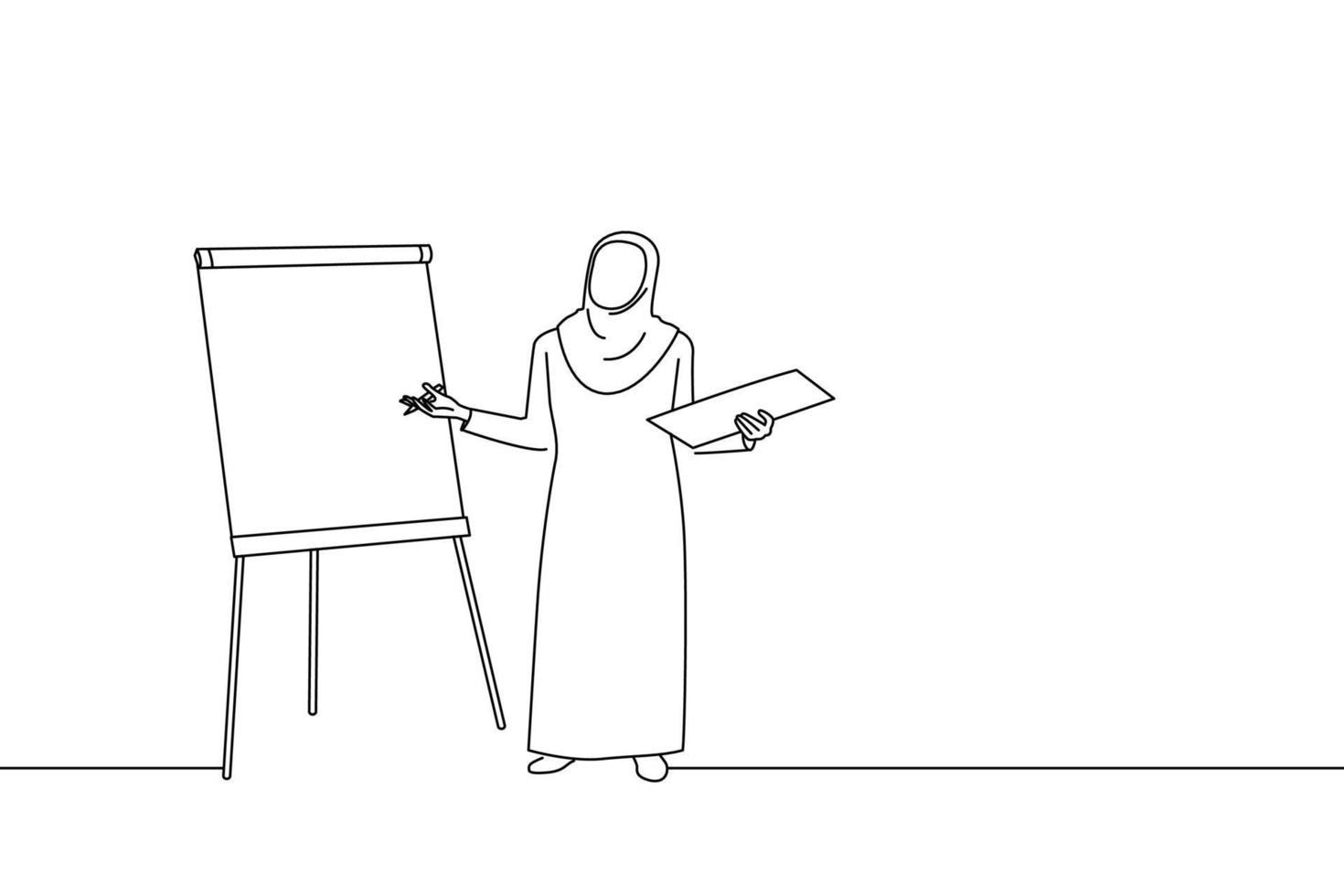Illustration of muslim business woman presenting a project on blank whiteboard. Line art style vector