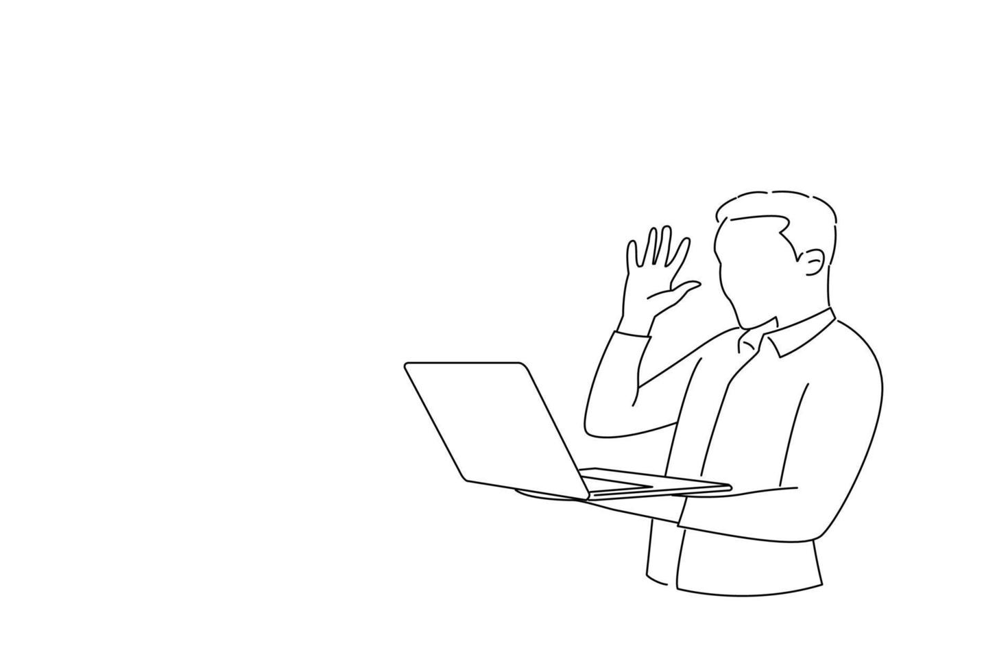 Drawing of shocked business man raising arm expressing fear while working on laptop, he made a mistake in computer program. Line art style vector