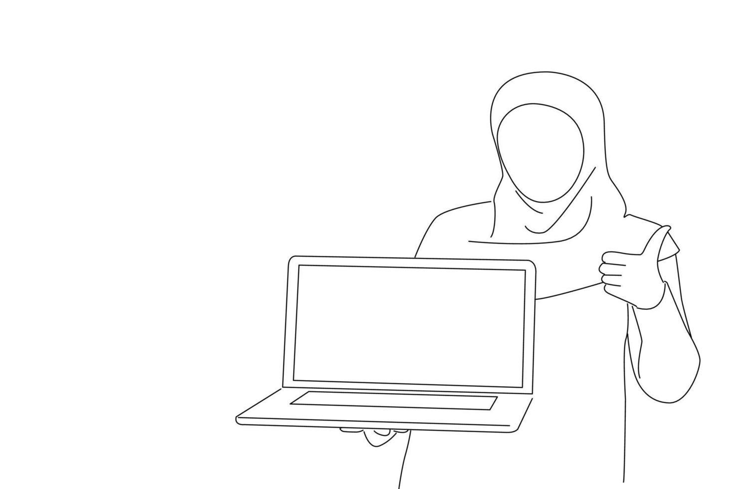 Drawing of arabian muslim girl in hijab hold laptop pc computer with blank empty screen showing thumb up. Outline drawing style art vector