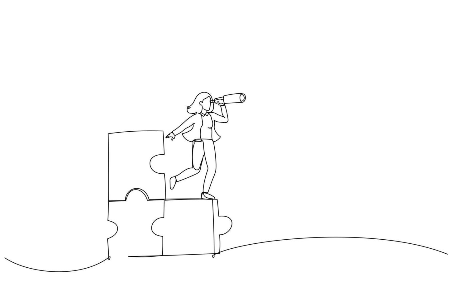 Drawing of businesswoman standing on uncompleted jigsaw looking for missing piece. Finding solution concept. Single line art style vector