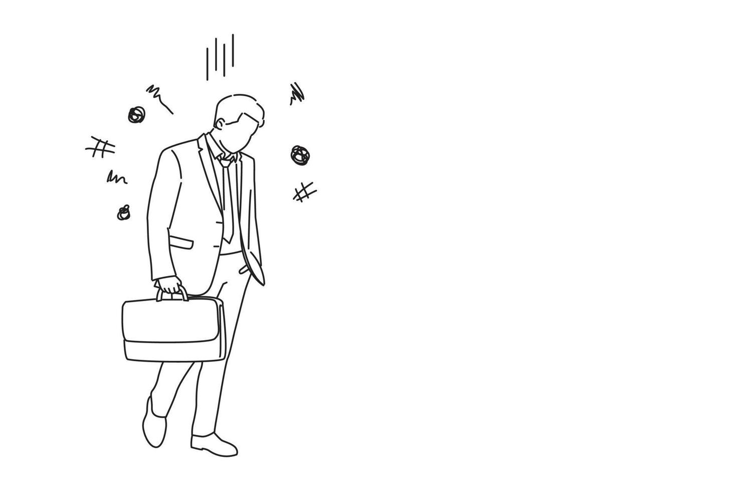 Illustration of young depressed businessman looking down. One line art style vector