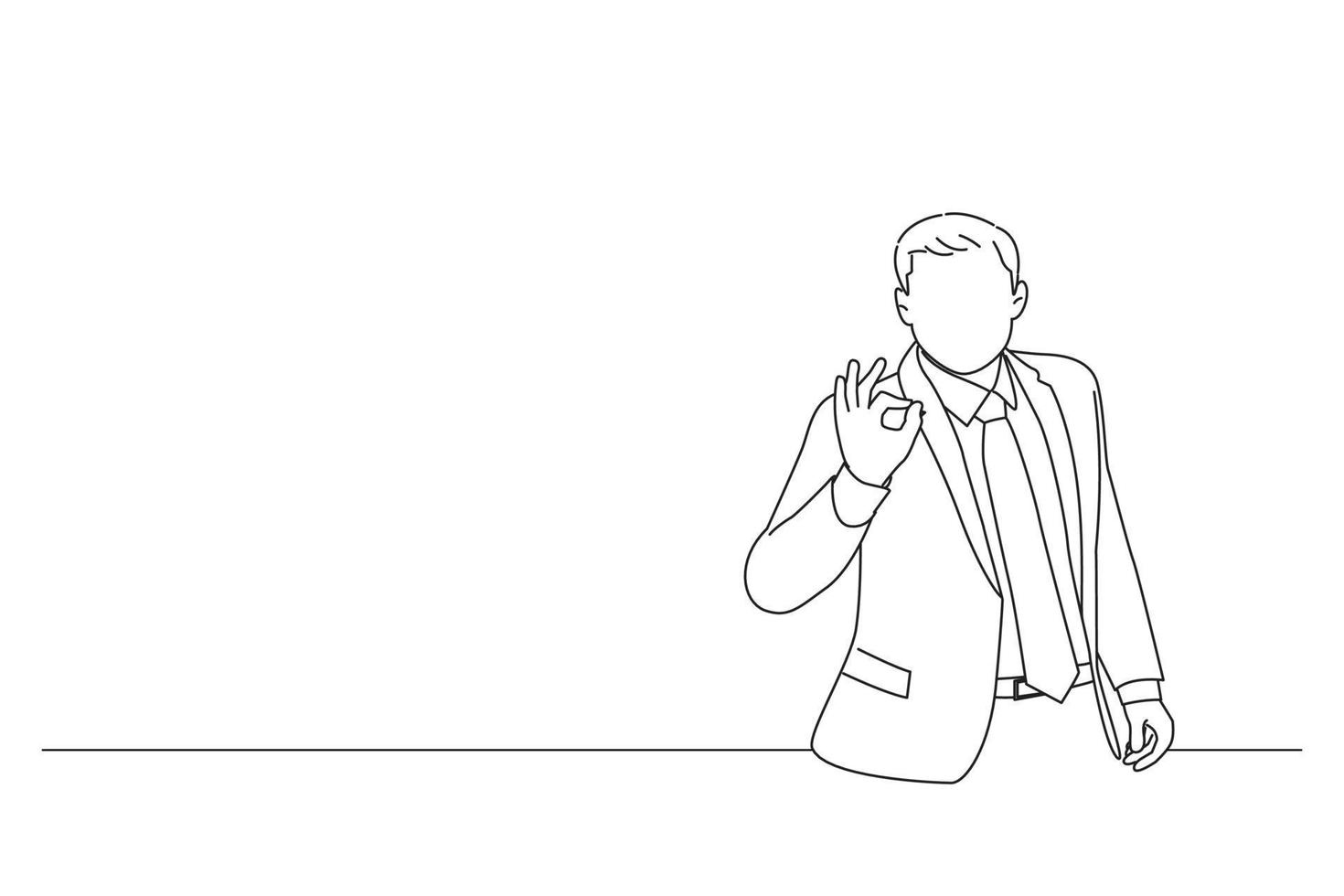 Drawing of happy businessman man okay sign. Line art style vector