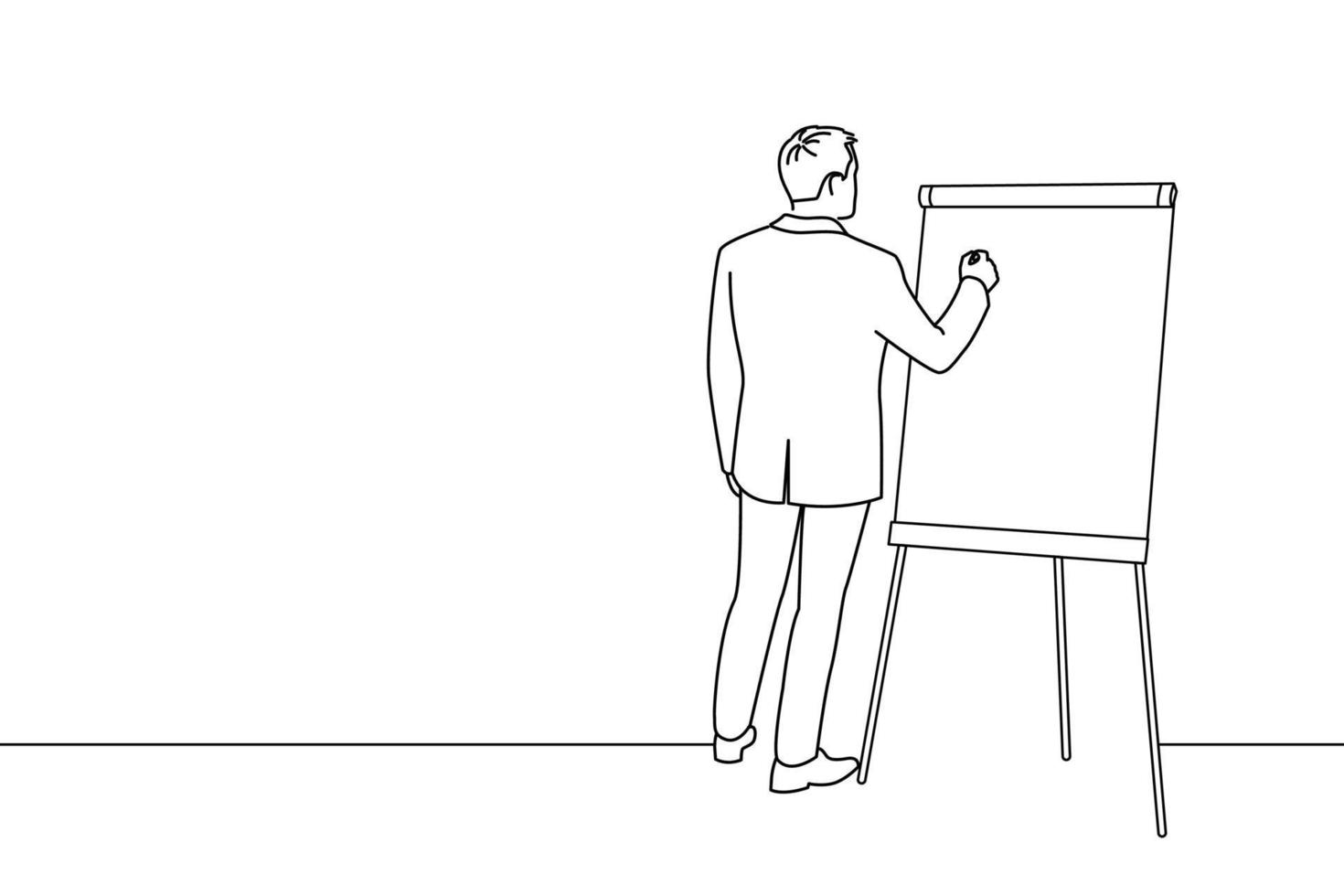 Cartoon of businessman writing on a flipchart. Oneline art drawing style vector