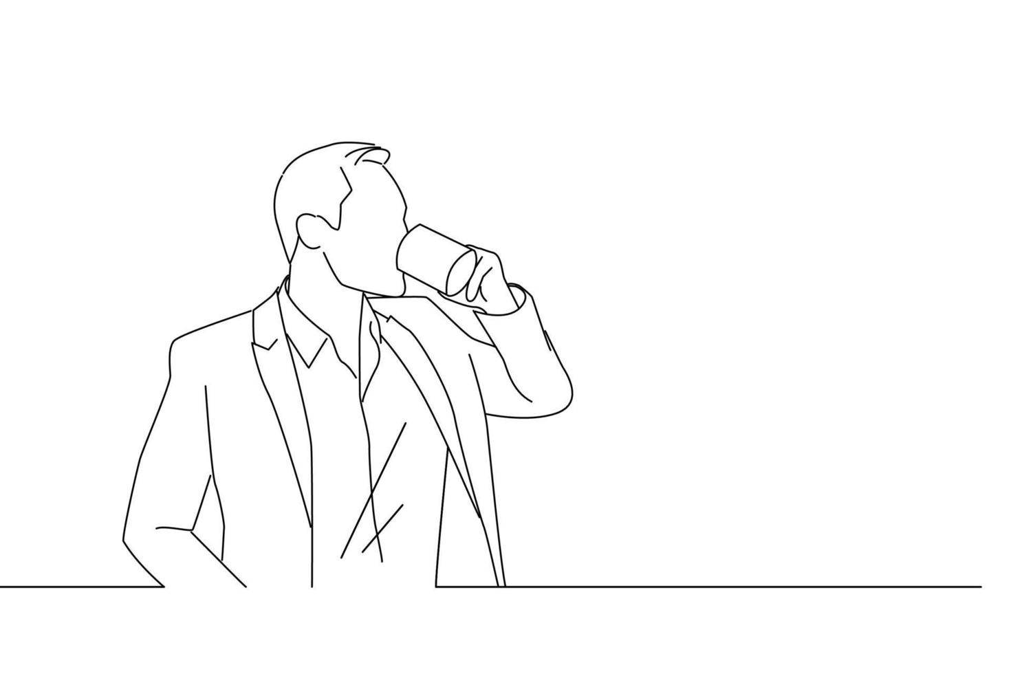Illustration of young handsome business man drinking cup of coffee standing near window and look outside. One line art vector