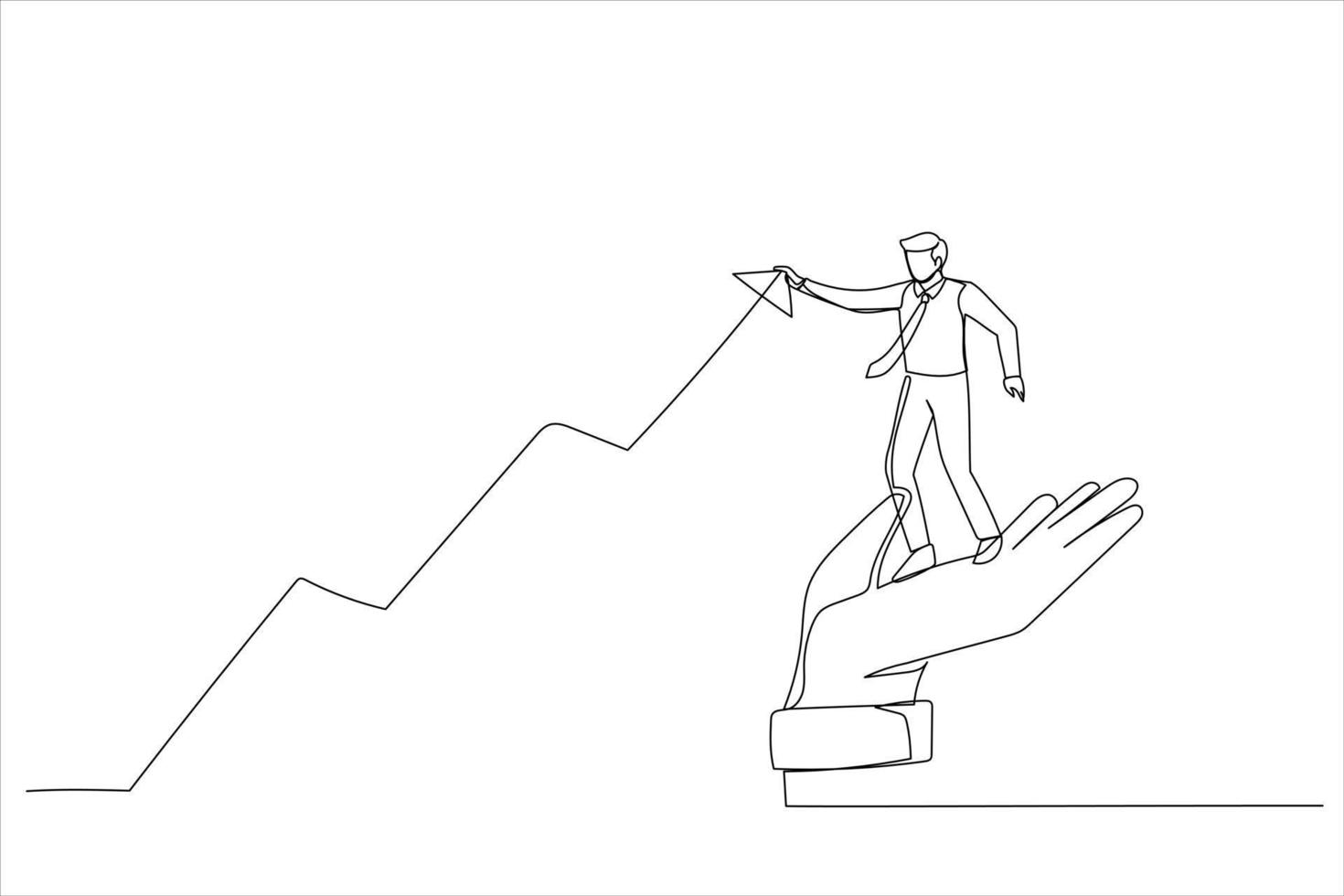 Cartoon of businessman standing on helping hand pull up rising graph. Drive sale increasing profit. Single continuous line art style vector