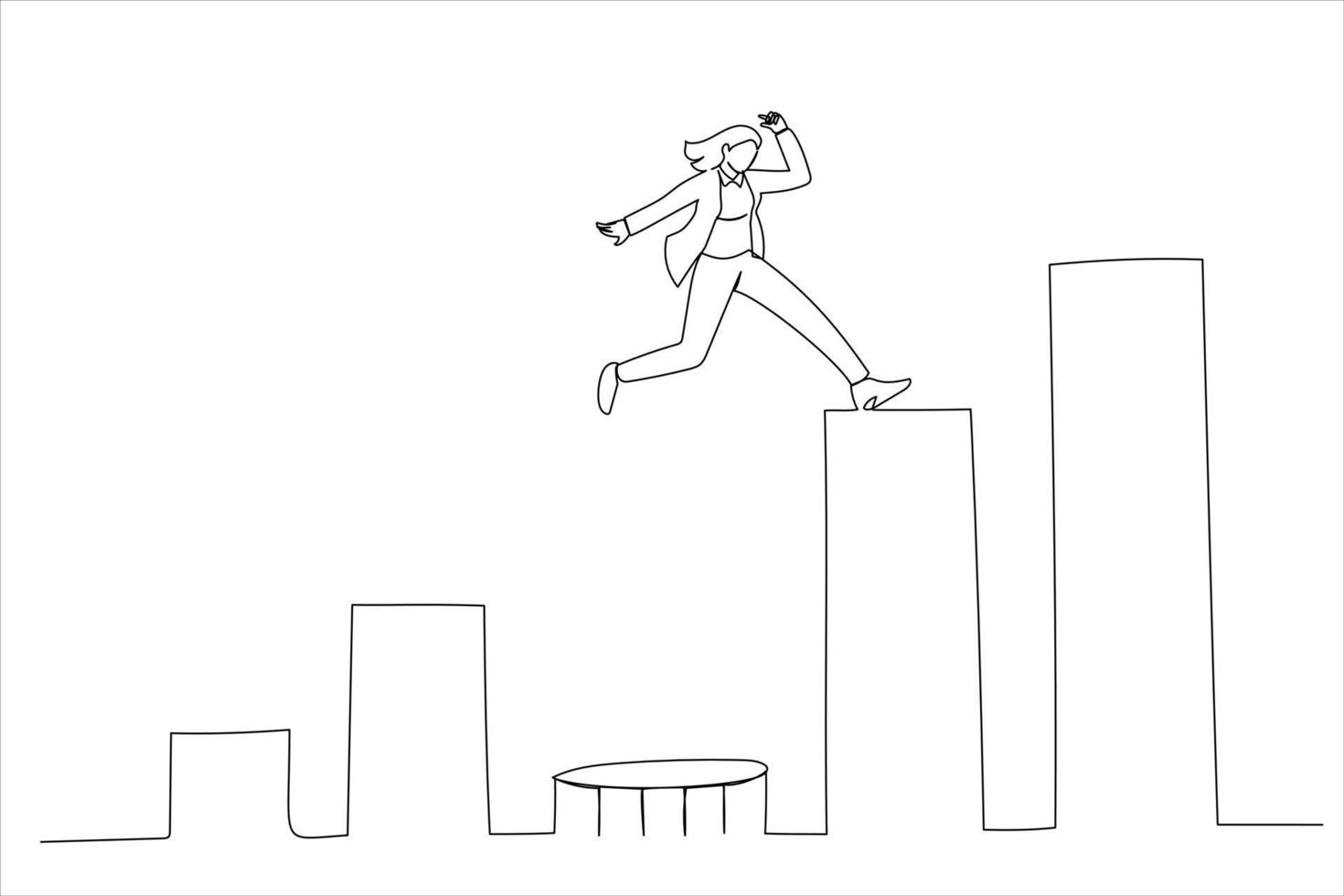 Illustration of strong businesswoman jumping from trampoline back to top of growing bar graph. Business challenge, revenue recover. One line art style vector