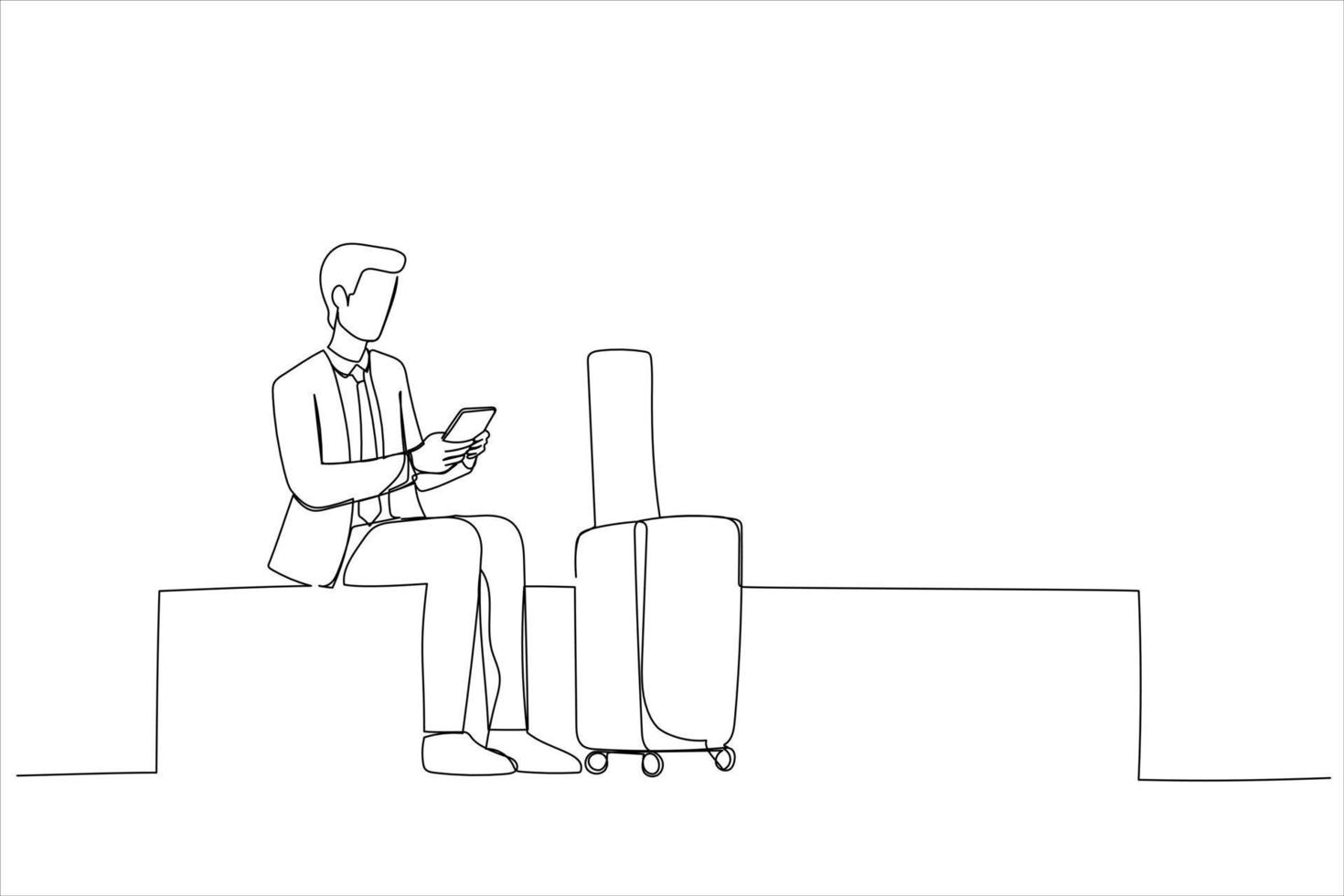 Drawing of young man waiting and using mobile phone at the airport. Single line art style vector