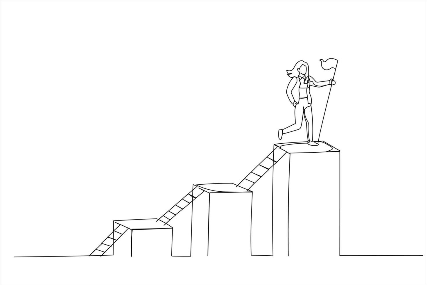 Illustration of businesswoman climb up ladder step by step on graph to achieve goal. Step to grow business, ladder of success. One line style art vector