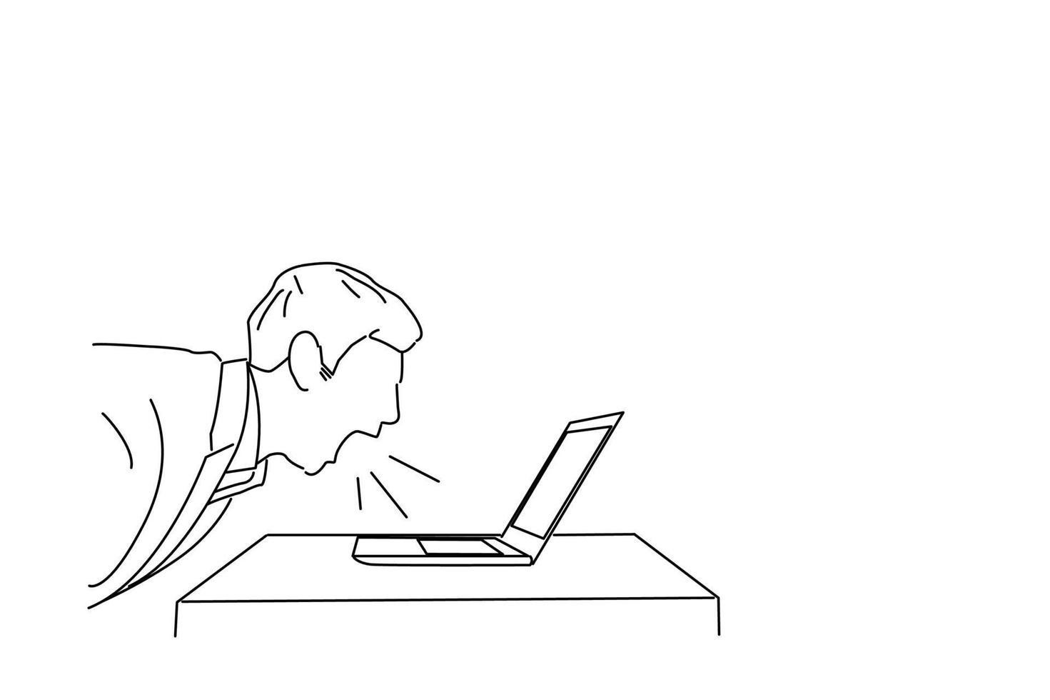 Illustration of Man sitting at the table and screaming at his laptop. line art style vector