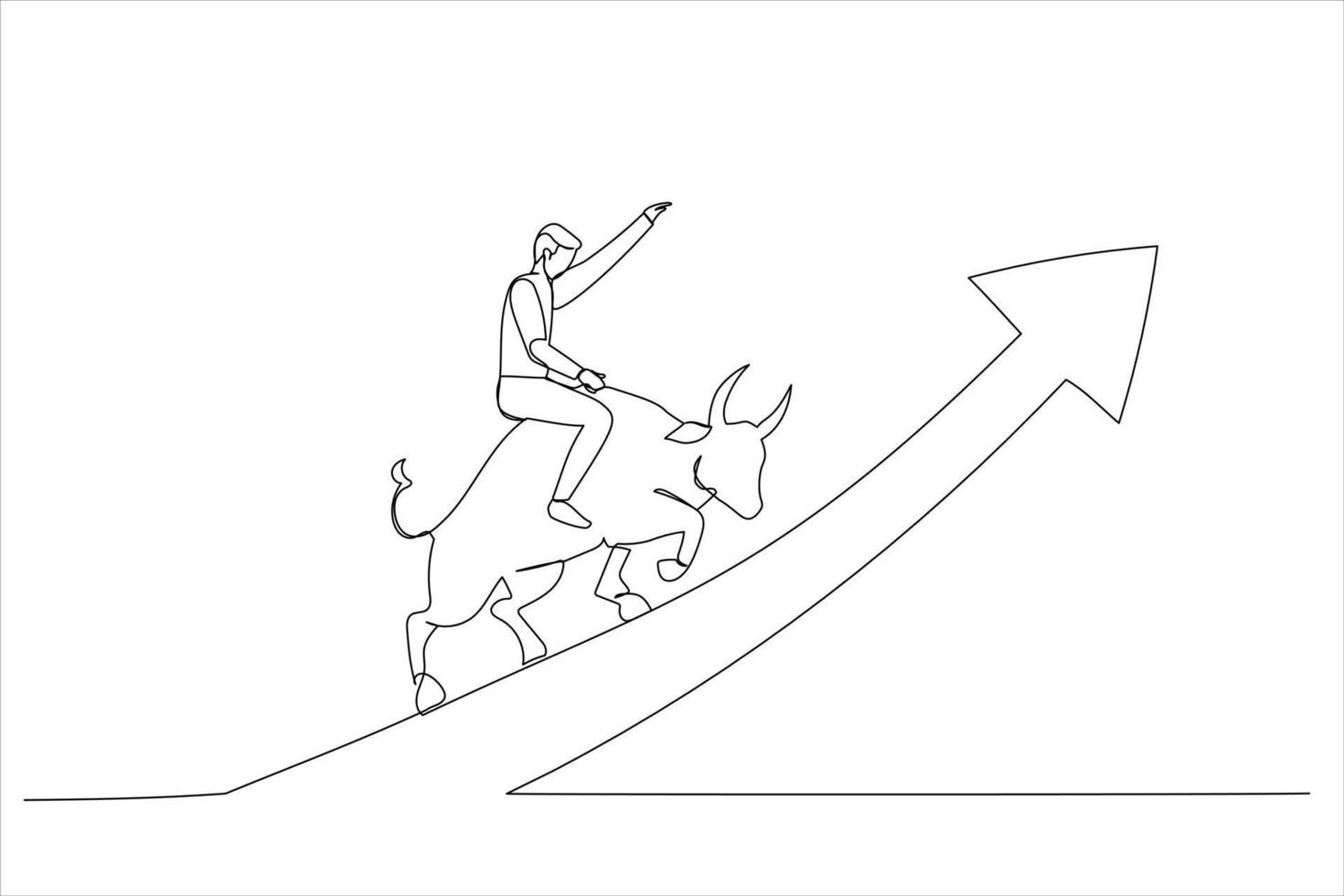 Cartoon of confident businessman investor riding bull running on rising up upward green graph. Stock market bull market. Single continuous line art style vector