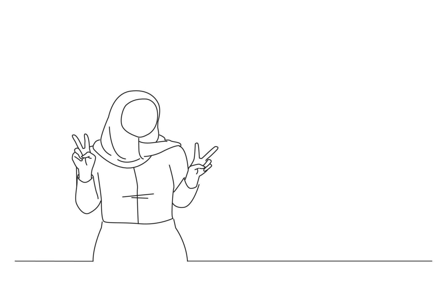 Drawing of smiling young asian muslim woman showing peace sign with fingers. One line art vector