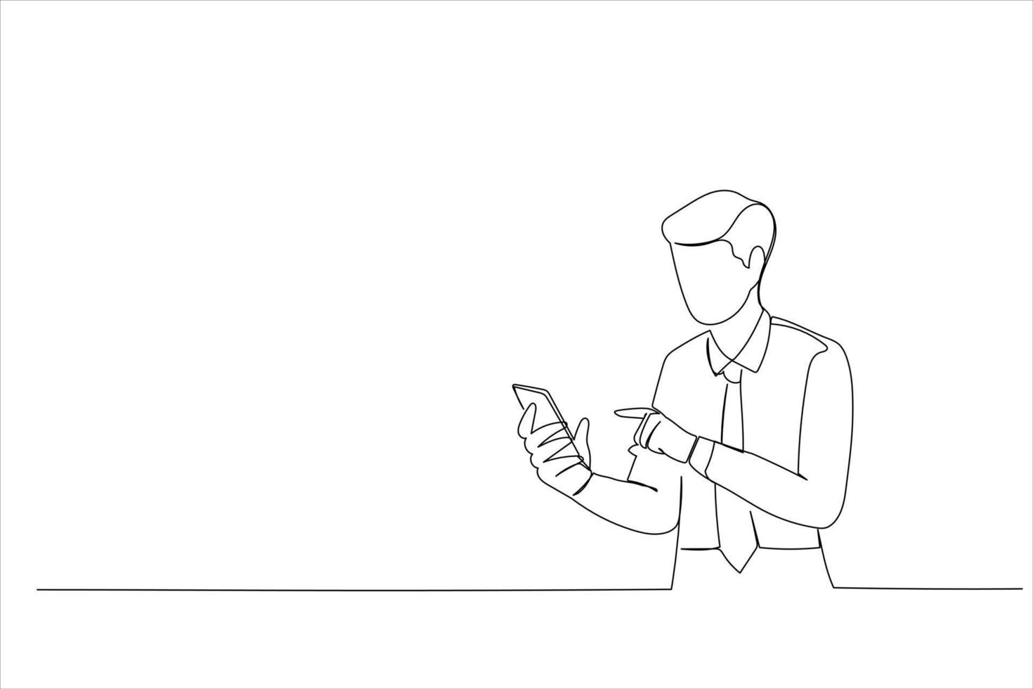 Illustration of man standing using a mobile phone. One line art style vector