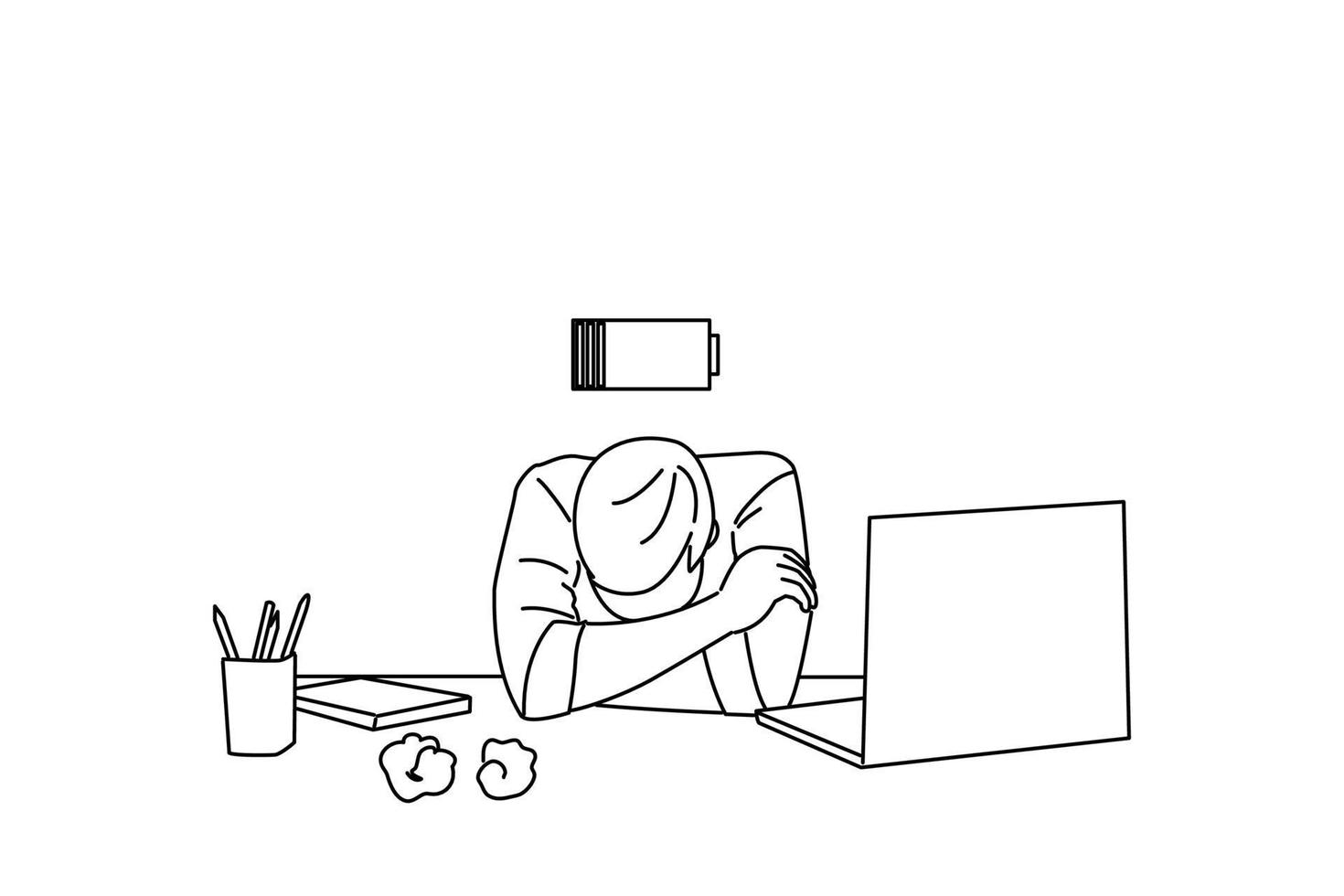 Cartoon of Tired young man work at desk with pc laptop, laid his head down on desk. Outline drawing style art vector