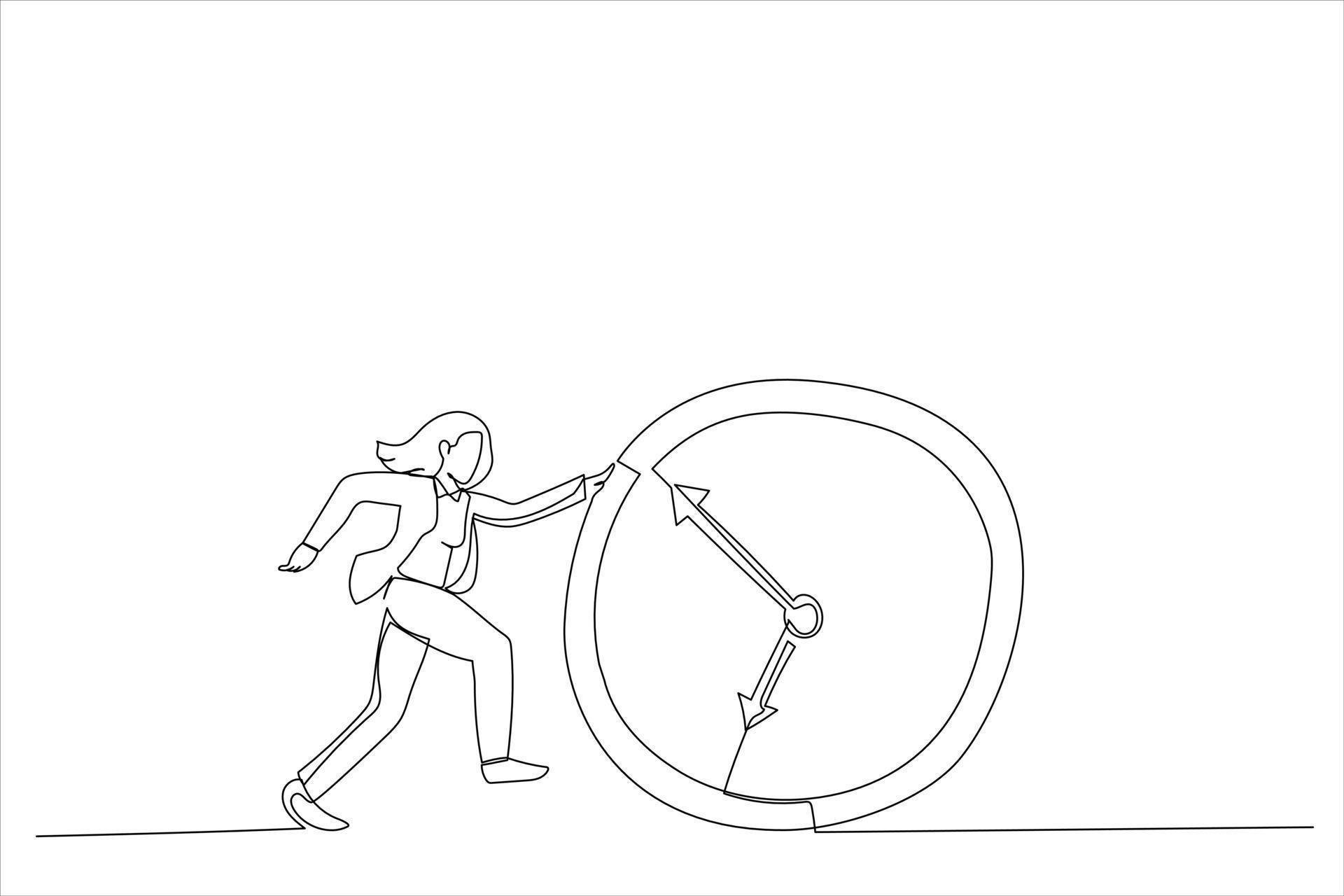 Illustration of Businesswoman Running Behind Running Clock. One