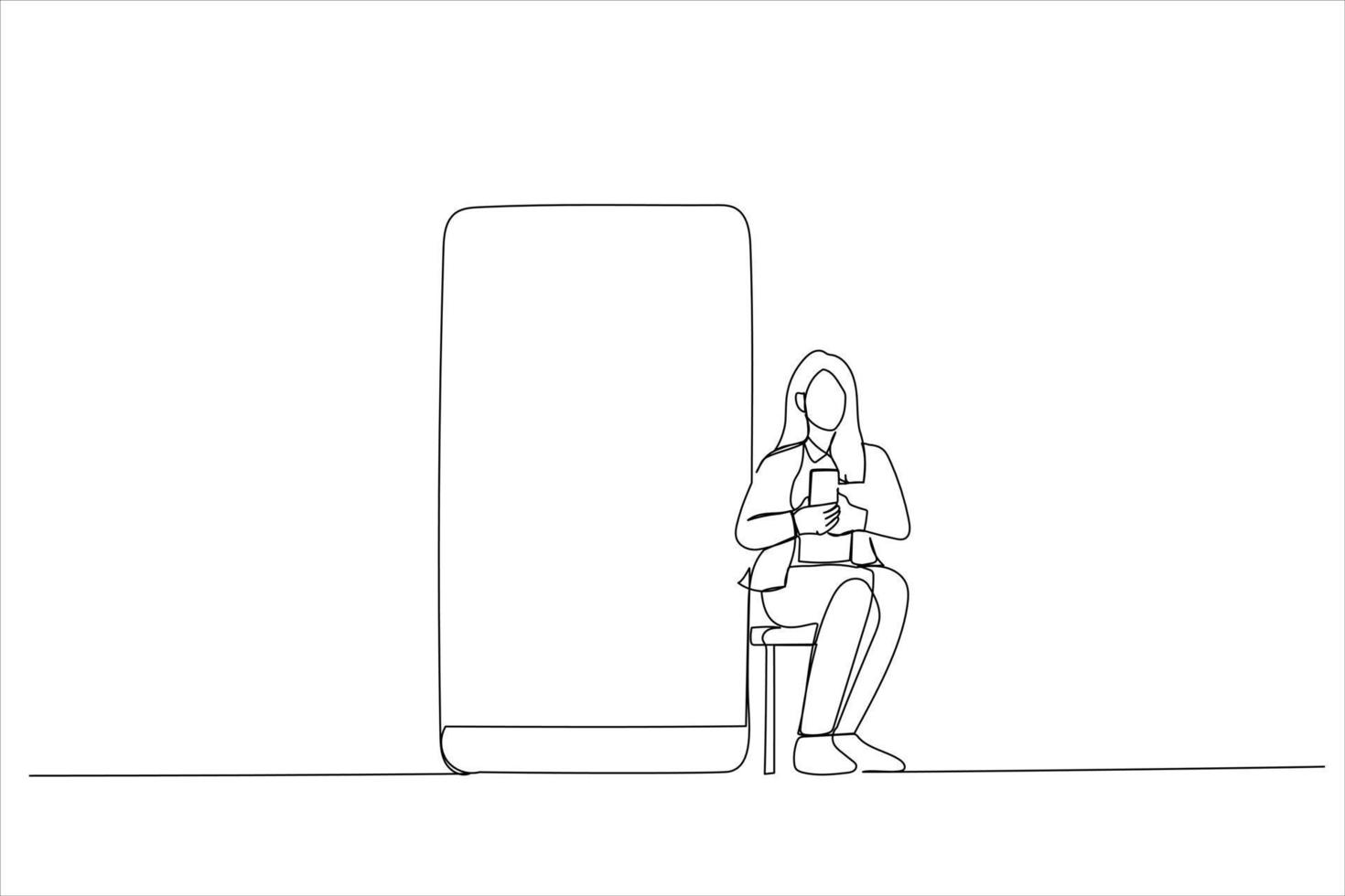 Drawing of happy woman sitting on chair near big smartphone with empty white display. Single line art style vector