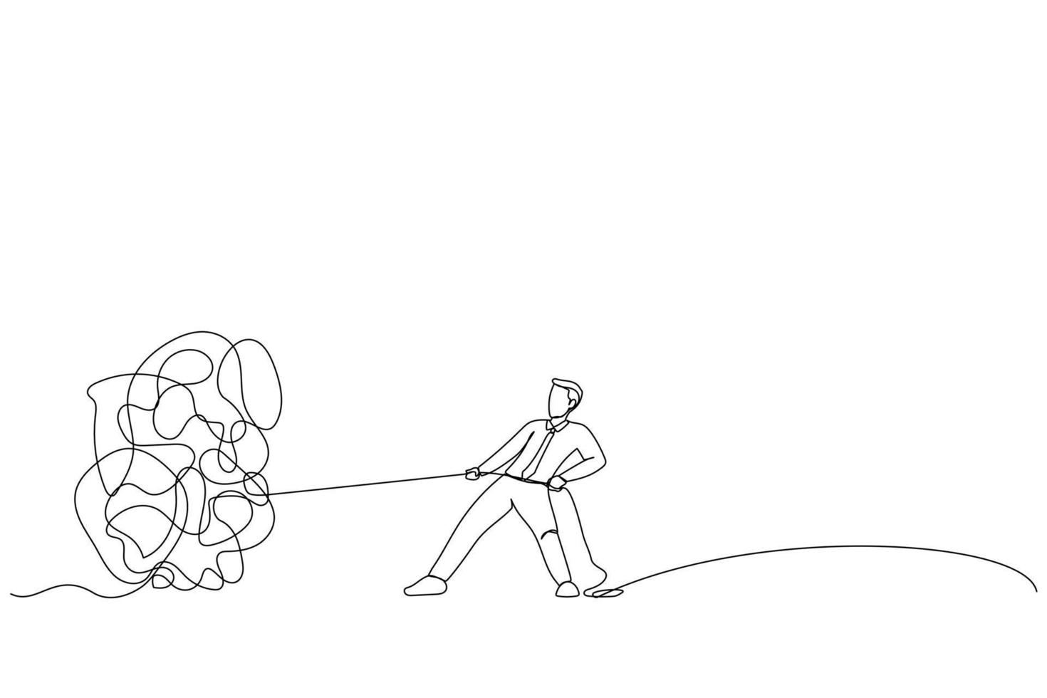 Cartoon of businessman trying to unravel tangled rope or cable. Single continuous line art style vector