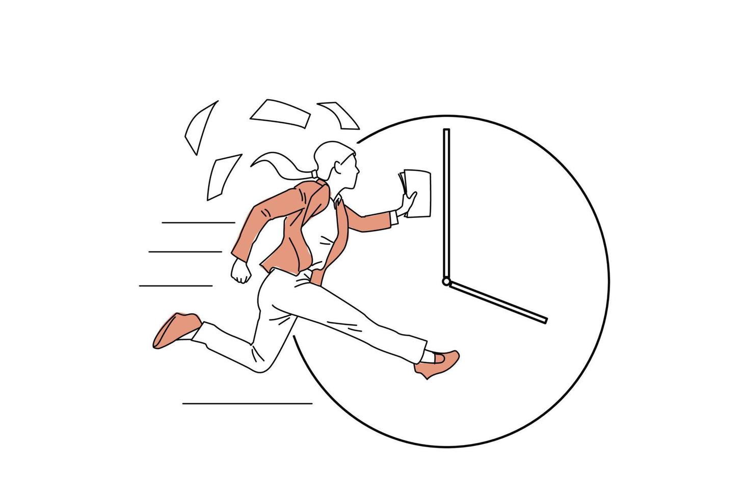 Drawing of businesswoman running fast in front of clock. Business urgency concept. Single line art style vector