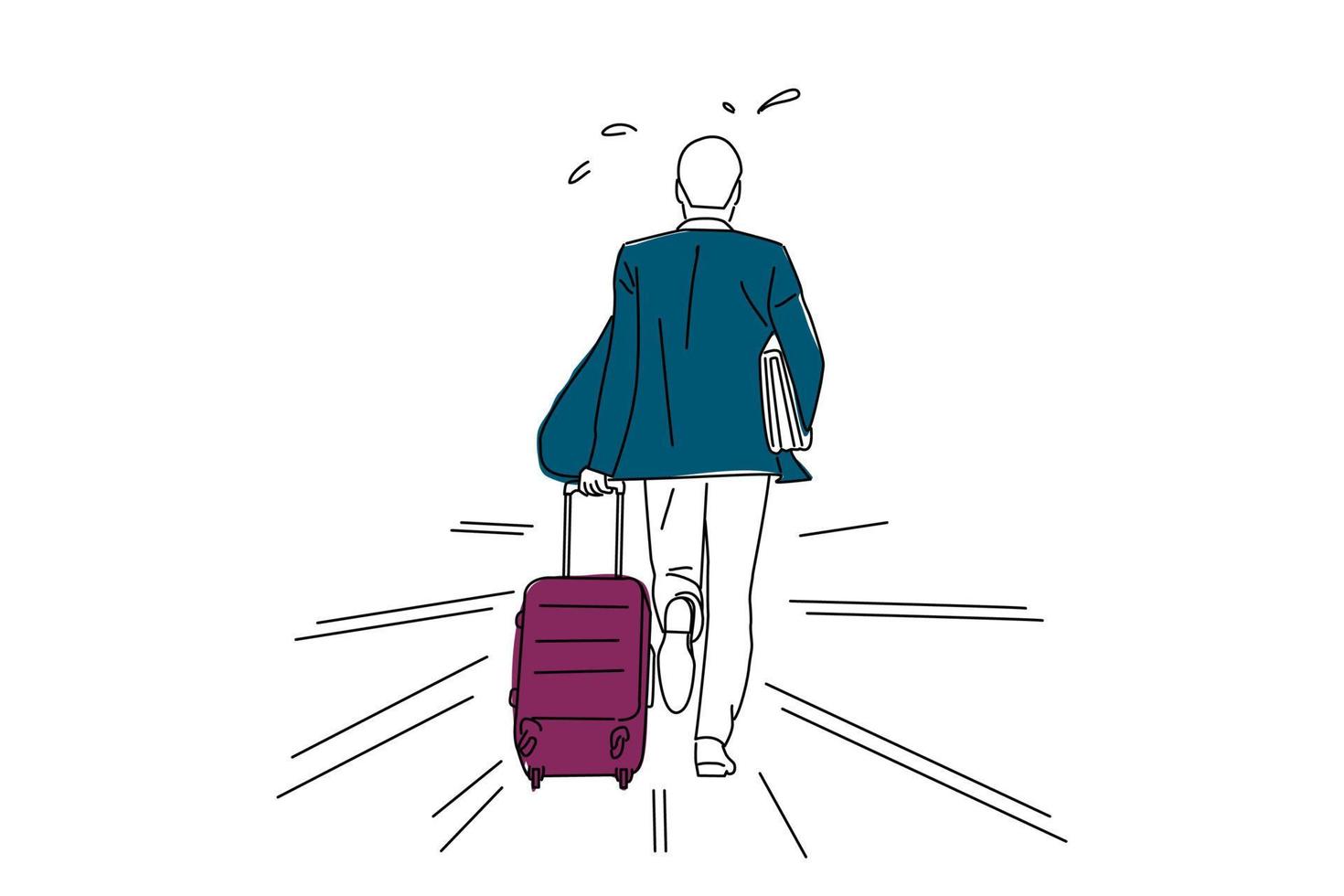 Illustration of rear view of businessman with luggage running on airport. One line art style vector