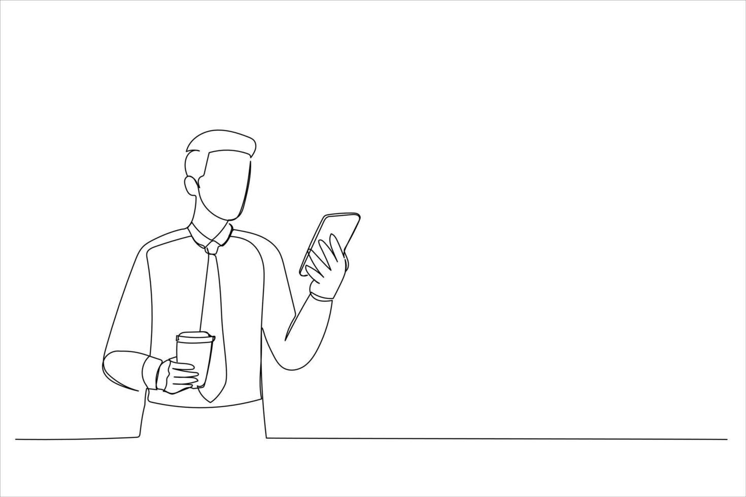 Illustration of businessman using a smart phone outdoor. One line style art vector