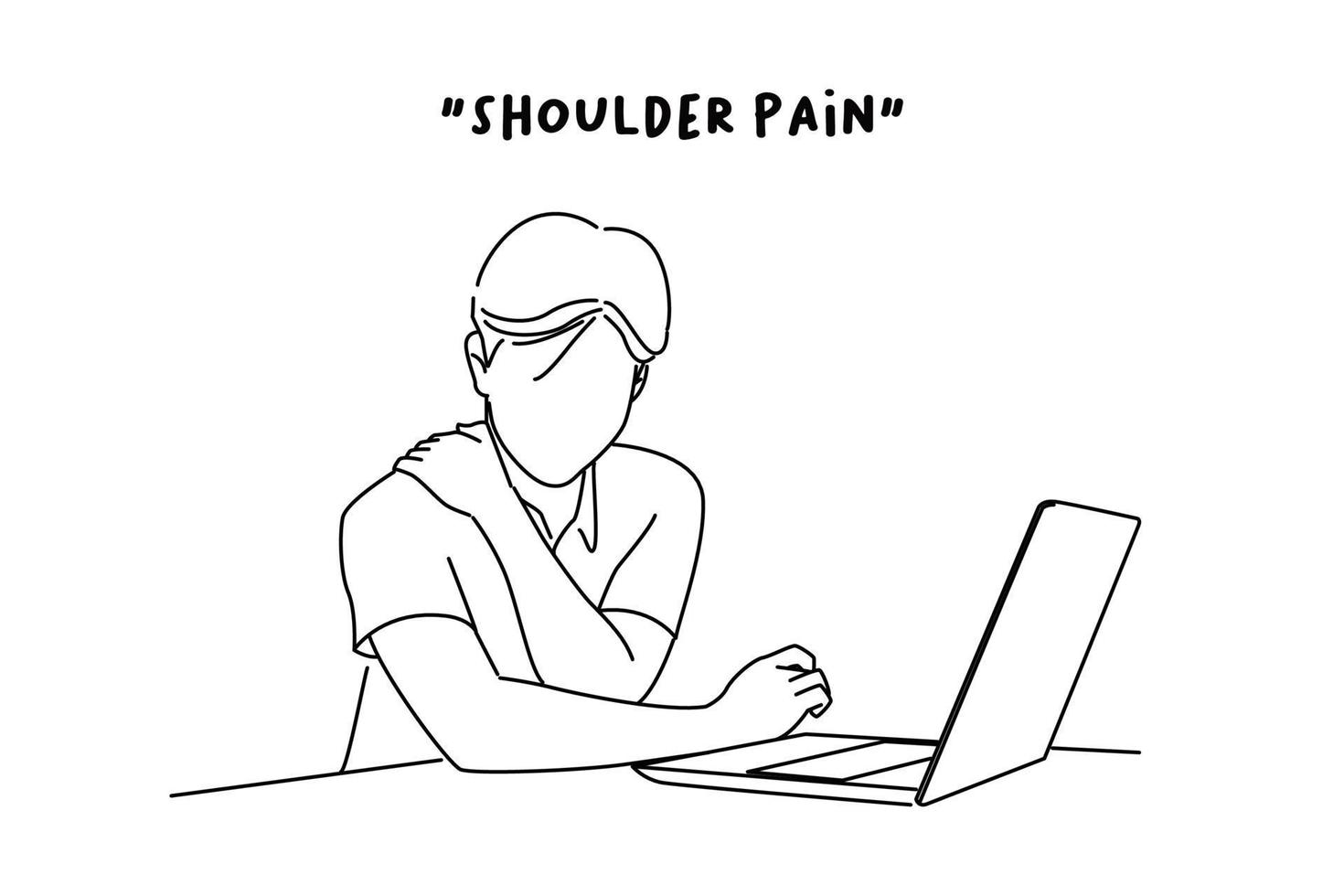 Drawing of young office man shoulder pain. Concept office syndrome. Outline drawing style art vector