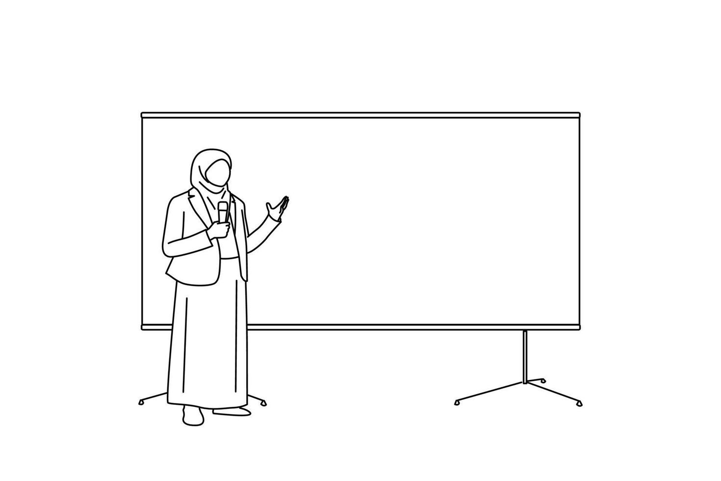 Illustration of beautiful hijab female worker in a formal outfit holding a microphone talking and giving a lecture standing beside whiteboard. One line art vector