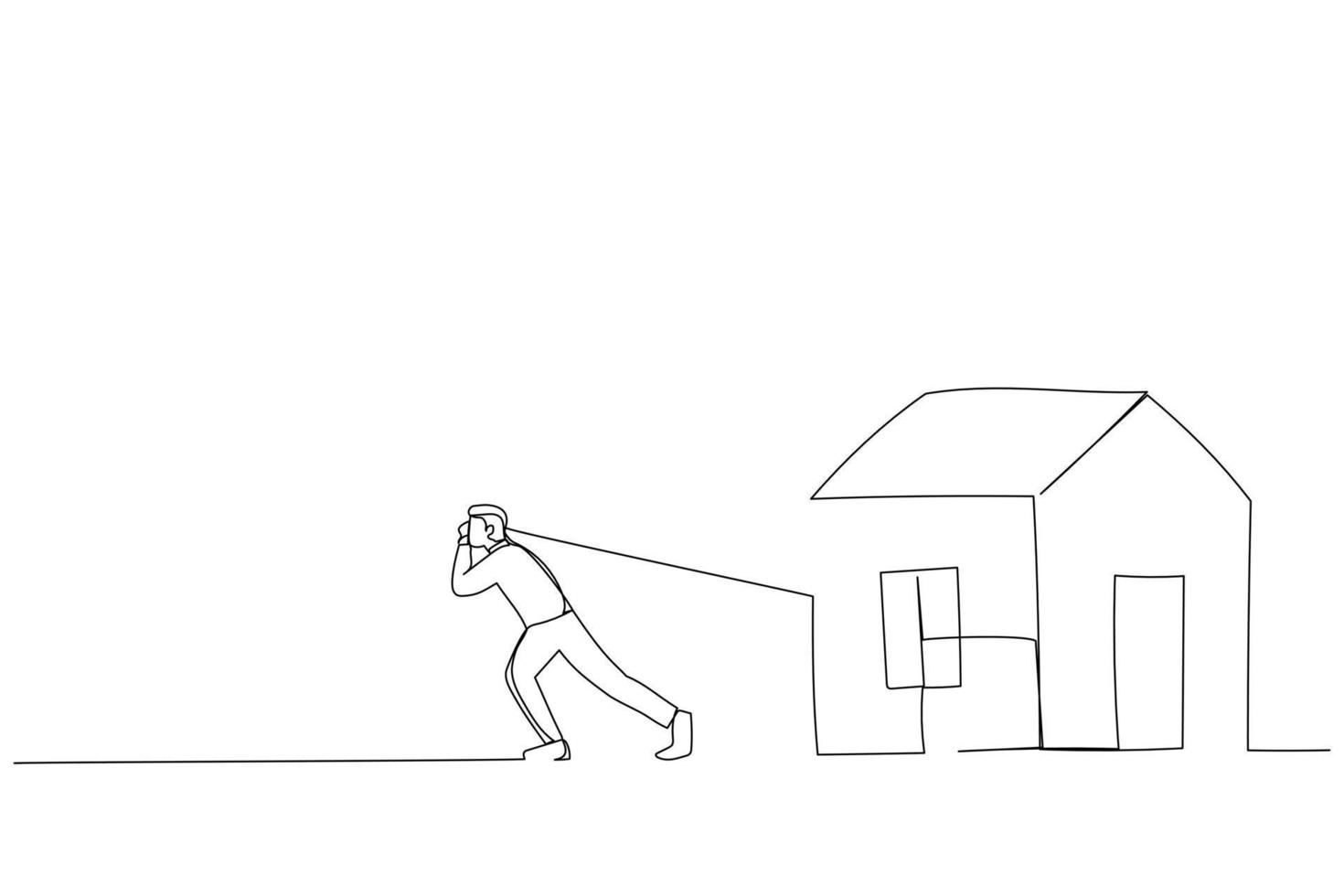 Drawing of man pulled heavy houses. Single continuous line art vector