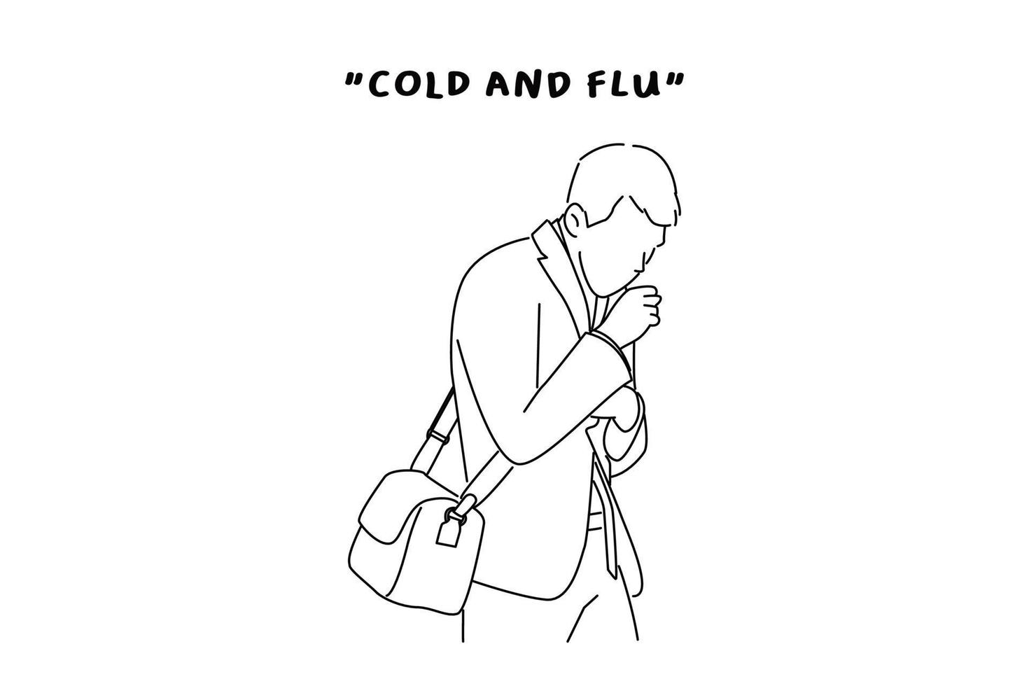 Illustration of businessman suffering with cough and feeling bad. Outline drawing style art vector